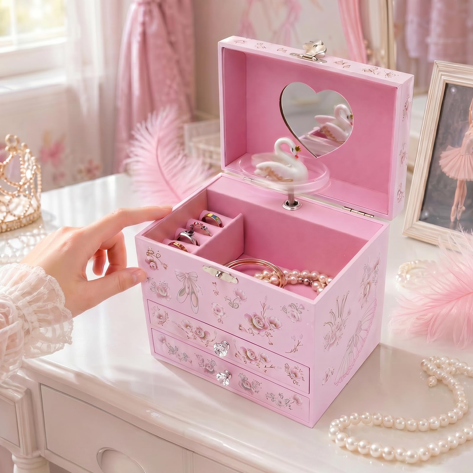 LOUJINGREO Music Jewellery Box, Musical Jewelry Case with Swan and 2 Pullout Drawers,Kids Jewellerys Boxs for Girls Children Daughter Ages 3-12 Kids Gifts