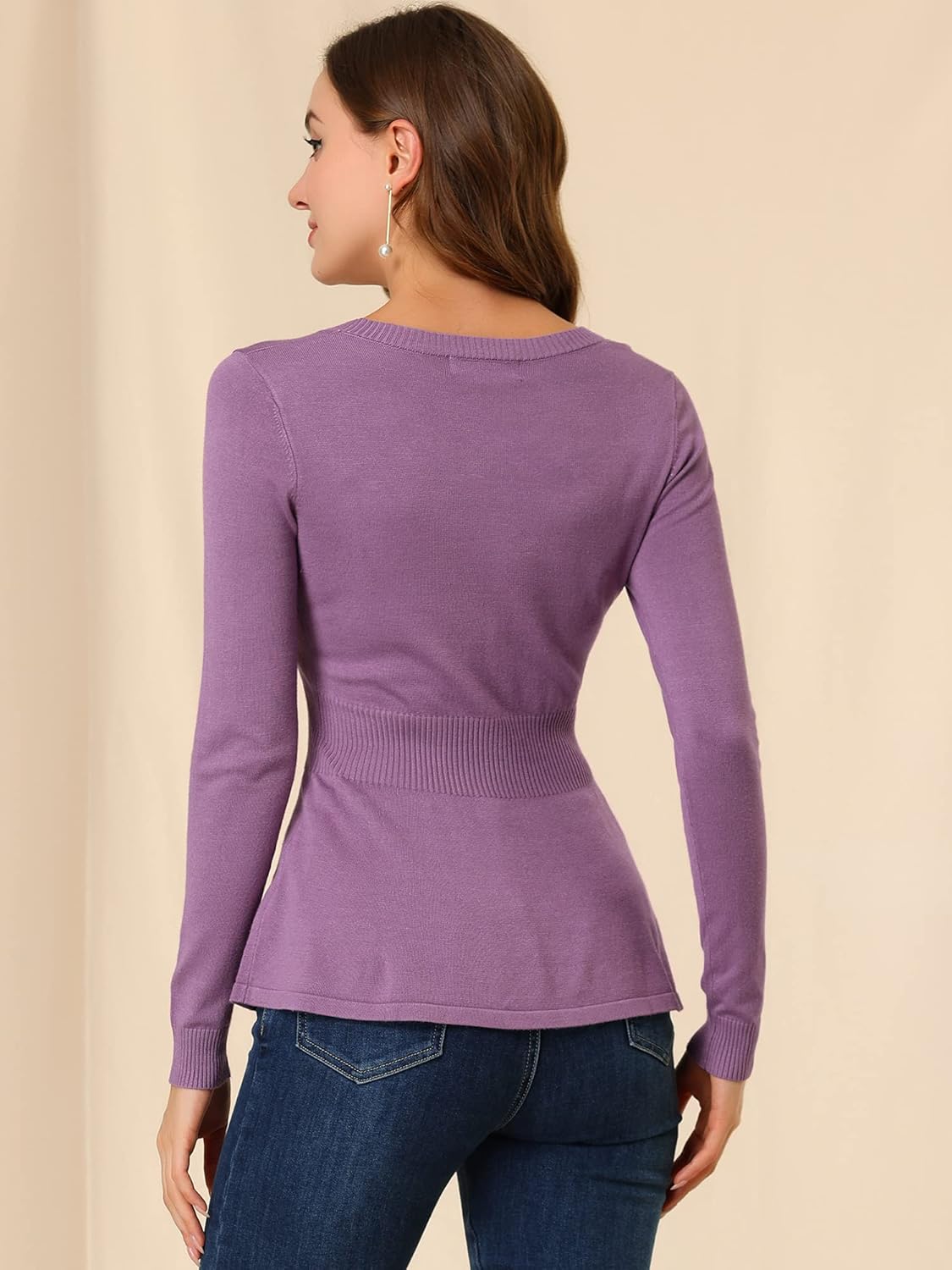 Allegra K Women's Peplum Sweater Ribbed V Neck Long Sleeve Knit Peplum Tops - Image 7