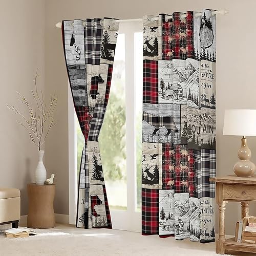 Miniatura 4 de Cortinas rústicas de cabaña de 42 pulgadas de ancho x 63 pulgadas de largo, cortinas de ventana de lobo y oso para dormitorio de granja, cortinas y