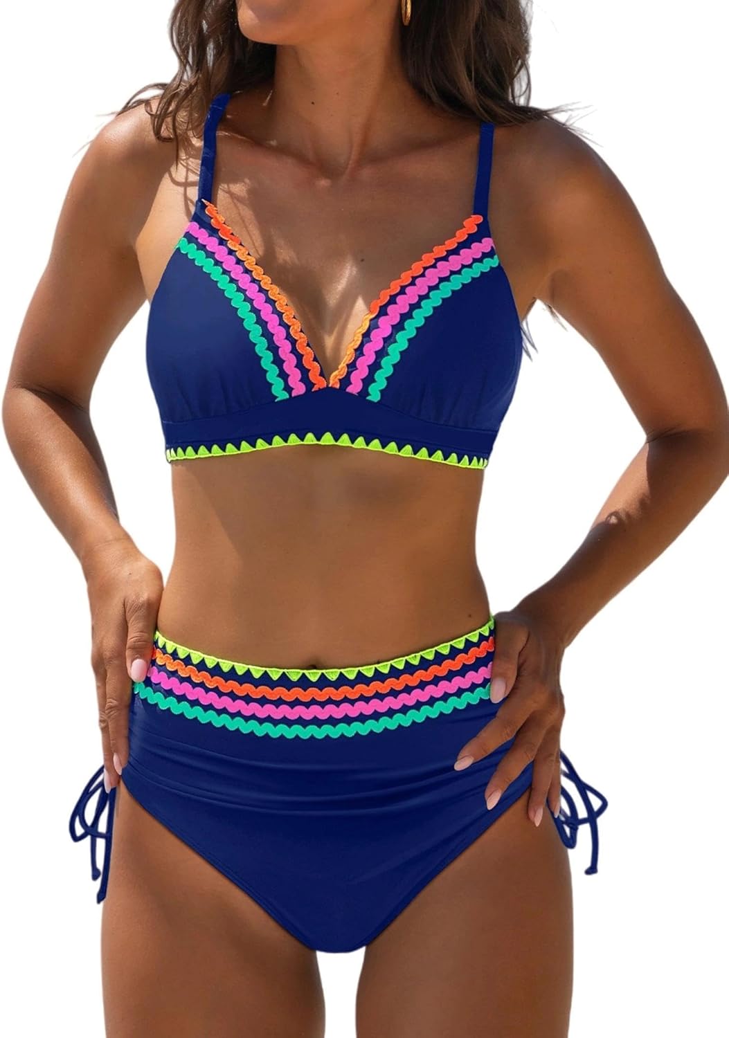 popvil High Waisted Bikini Sets for Women Tummy Control Swimsuits Neon Two Piece V Neck Drawstring Bathing Suits 2026