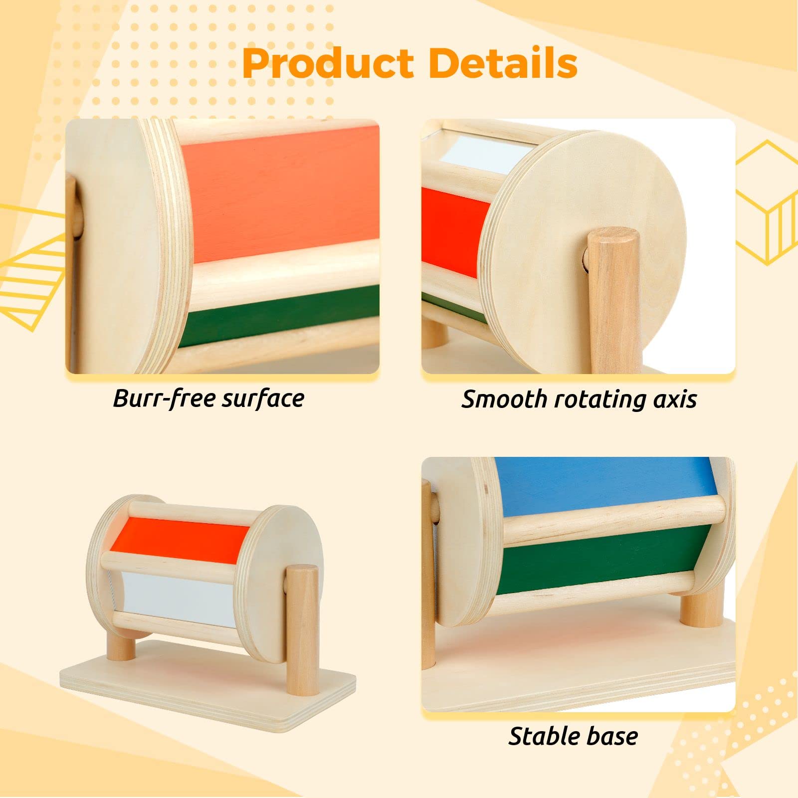 Tambour Rotatif Montessori Bébé 6-12 Mois - Arc-en-Ciel Avec Miroir Et Cloches | Jouet D'Éveil Sensoriel En Bois