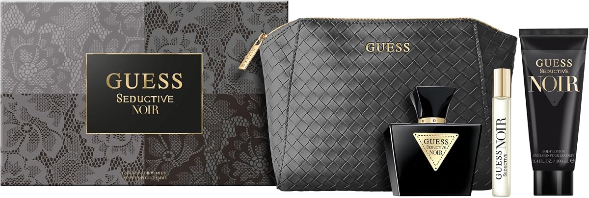 Seductive Noir by Guess for Women - 4 Pc Gift Set 2.5oz EDT Spray, 0.5oz EDT Spray, 3.4oz Body Lotion, Pouch