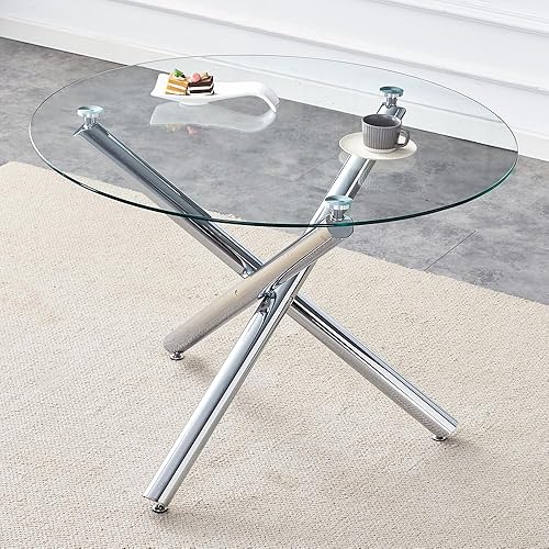 Miniatura 54 de Mesa redonda de comedor de vidrio para 2 a 4, moderna mesa superior de vidrio templado, patas cromadas resistentes, almohadillas ajustables, mesa de