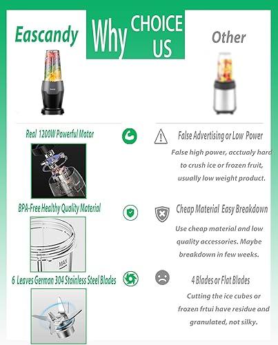 Miniatura 7 de Batidora de batido real de 1200 vatios para batidos y batidos, juego de licuadora personal 7 en 1, Alemania 3D de acero inoxidable 6 hojas para