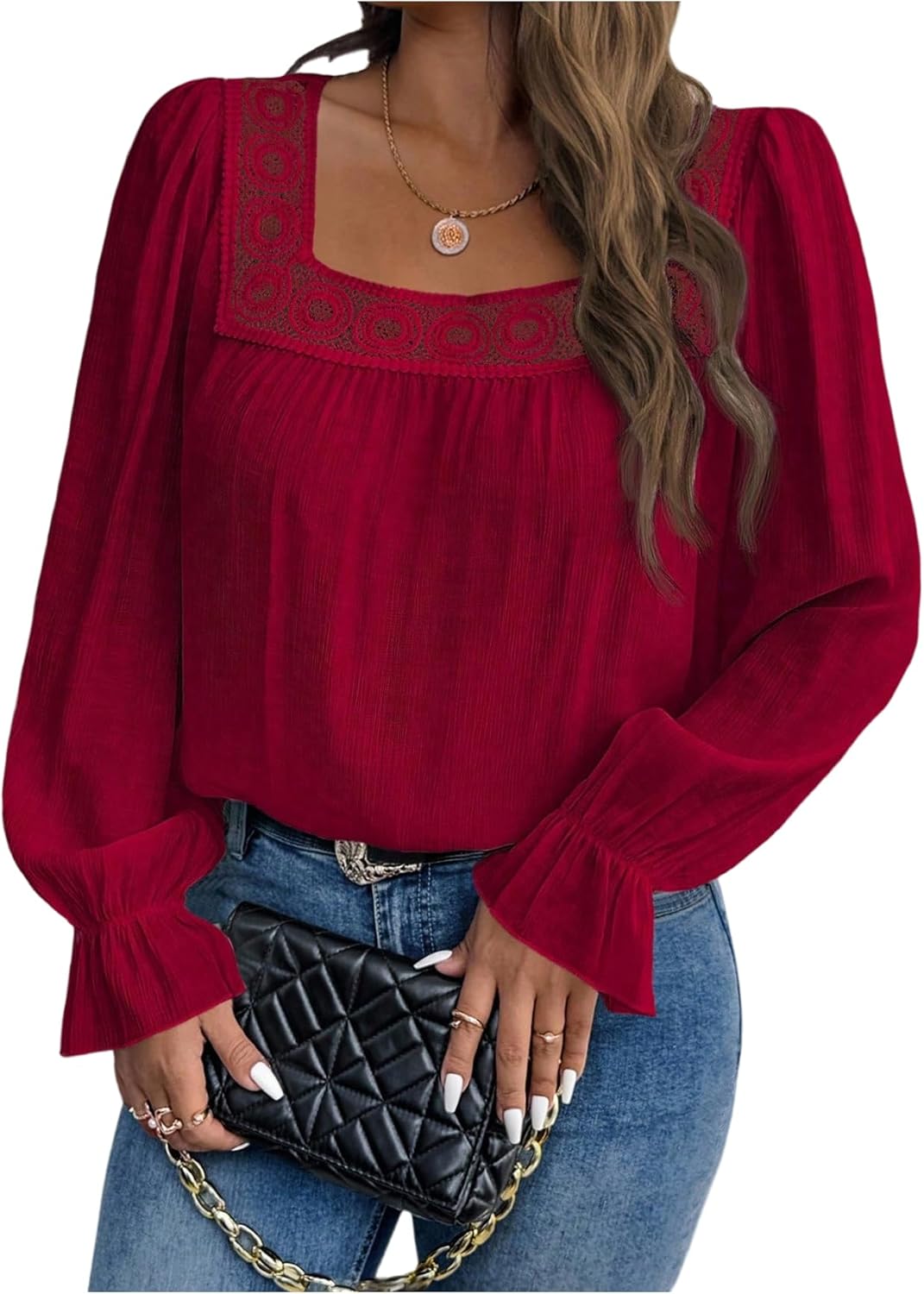 WDIRARA Women's Plus Size Long Flounce Sleeve Blouses Square Neck Casual Tops