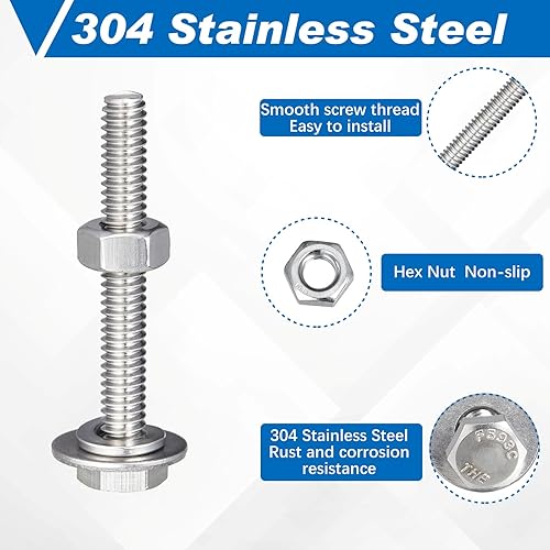 Miniatura 4 de Therwen Juego de 80 tornillos de cabeza hexagonal de acero inoxidable, tuercas, arandelas de bloqueo plano, pernos y tuercas gruesos de acero