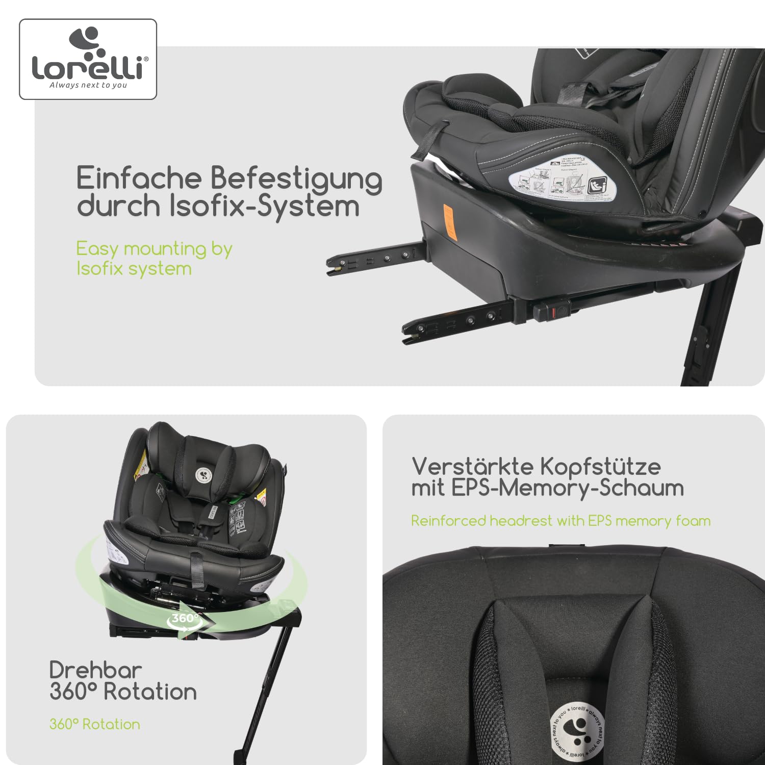 Lorelli Fotelik dziecięcy Estate z podstawą Isofix i nogą podpierającą, obracany o 360 stopni, 0-36 kg, i-Size 40-150 cm, fotelik dla dziecka od urodzenia, 5-punktowy pasek, regulowany zagłówek
