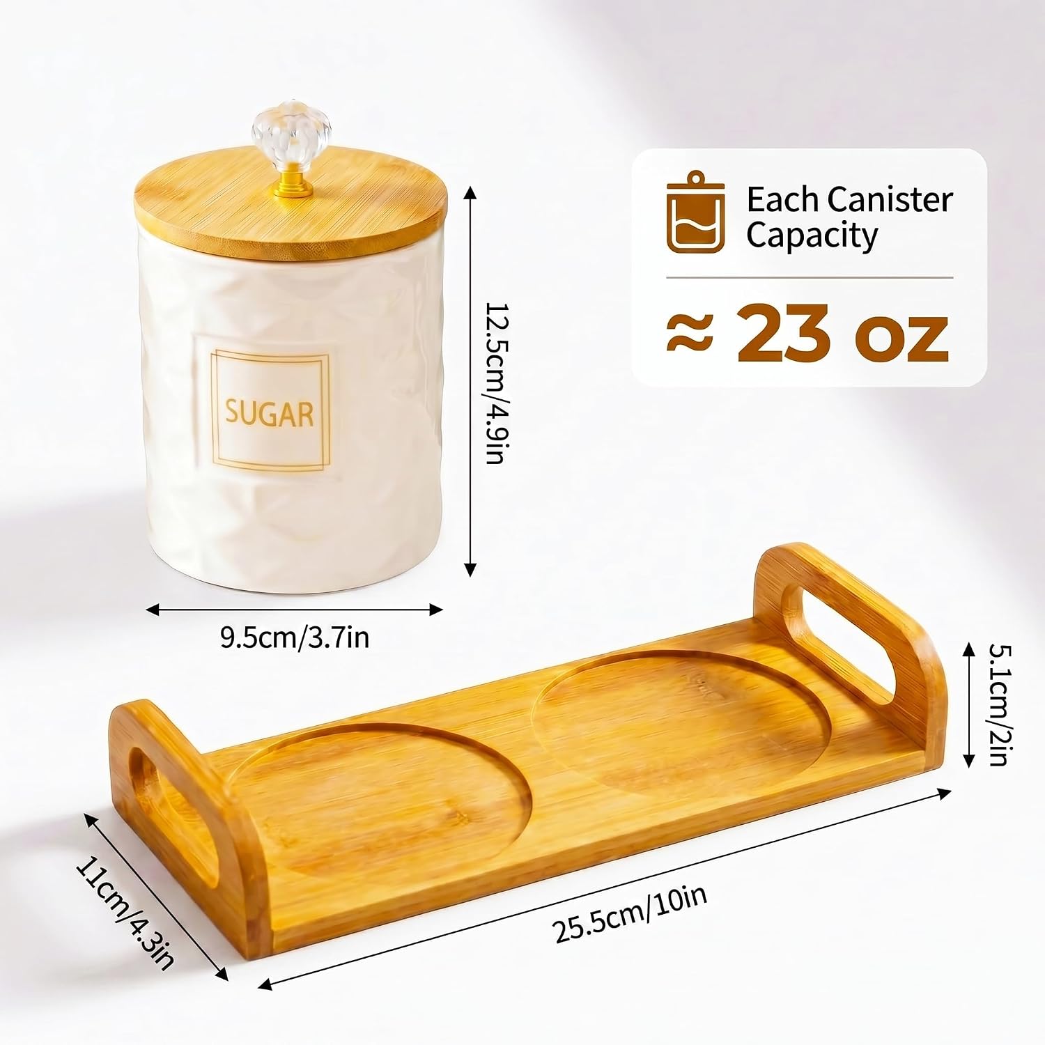 Set of 2 Ceramic Canister for Sugar Coffee with Tray, White Food Storage Jars with Wood Airtight Lids, Storage Containers for Kitchen Counter, Coffee Station, 23oz