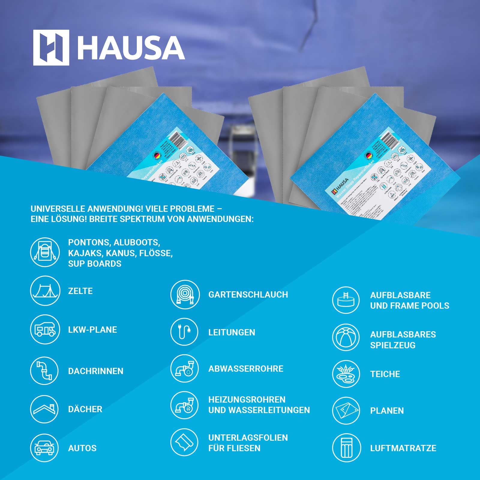 Hausa Pool Reparatur Wasser Stopp Reparaturflicken 16x16cm Selbstklebender Flicken selbstverschweißendes Dichtungspflaster für alle Oberflächen zum Abdichten, Reparieren, auch unter Wasser 10 Stück
