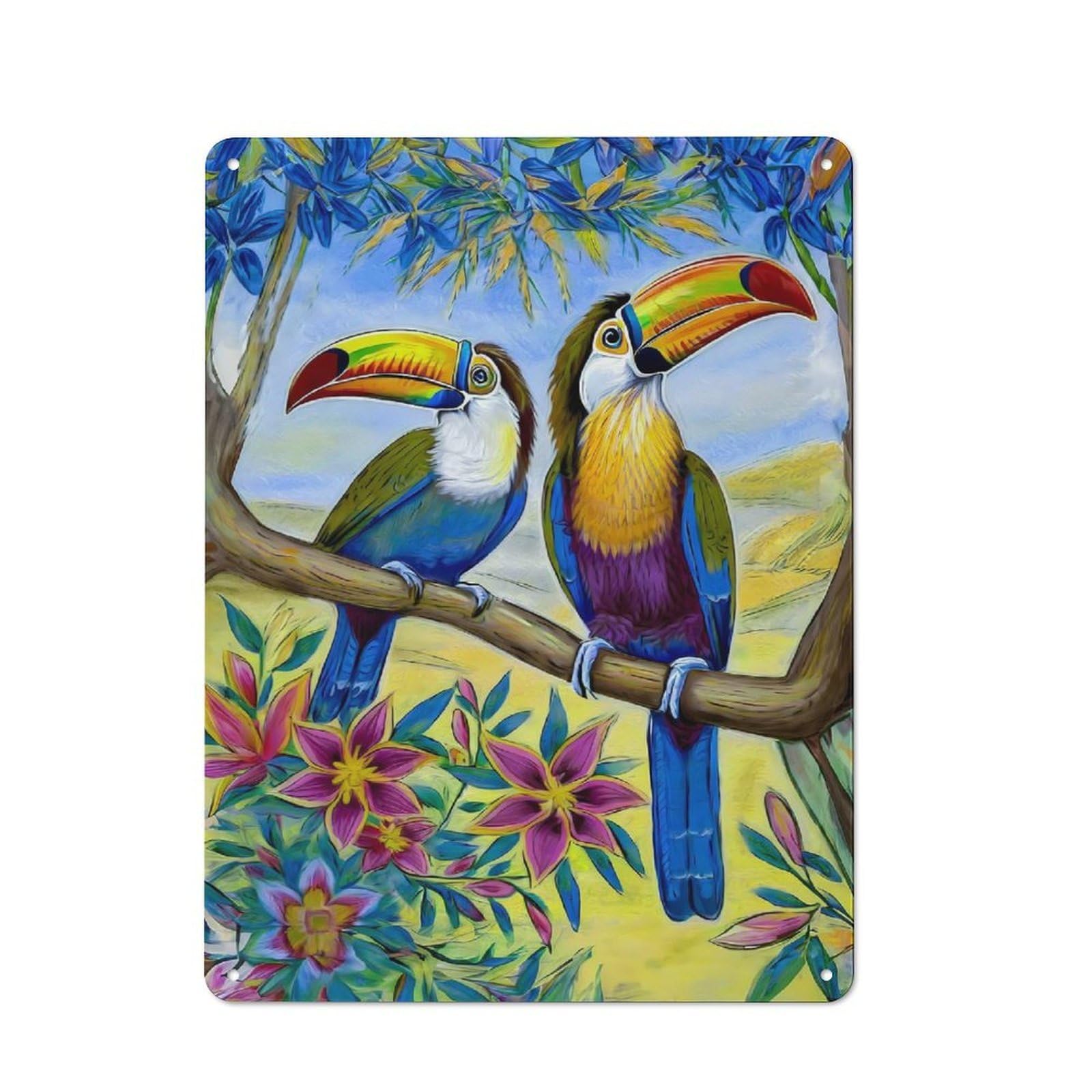 Junmoney Toucans On A Floral Tree Rustic Metal Sign 40X30cm For Hobby Room Or Studio, Suited To Hobby Room Decor Fans