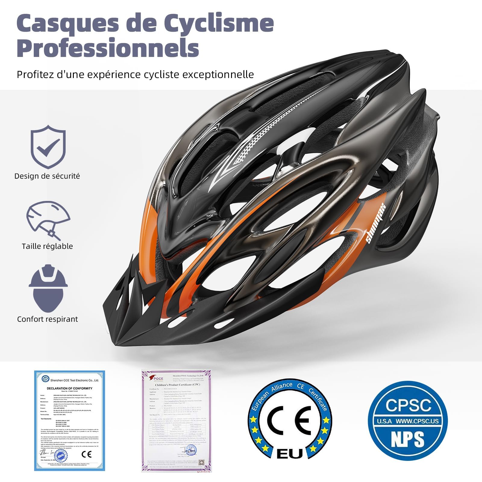 Shinmax Casque Velo Homme Femme Casque Vélo avec LED Lampe de Sécurité Protection Casque VTT et VTC avec Visière Amovible pour Adultes Casque Cyclisme pour Montagne Route Réglable Taille