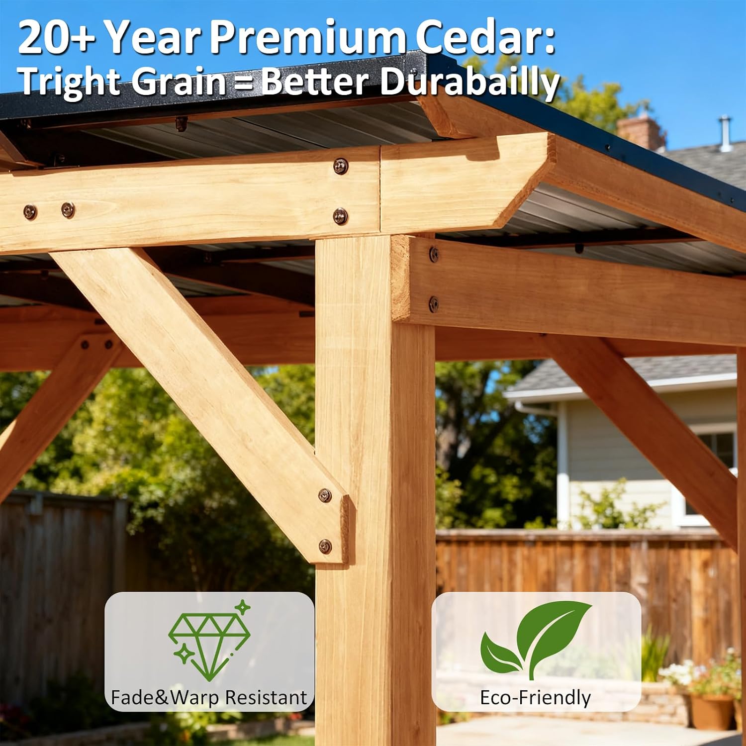 CHARMELEON Grill Gazebo 8 x 10 FT,Cedar Wood BBQ Gazebo with 2 Thick Wooden Side Serving Shelves,Permanent Patio Pavilion with Galvanized Steel Roof for Outdoor,Backyard,Garden,Deck-Natural