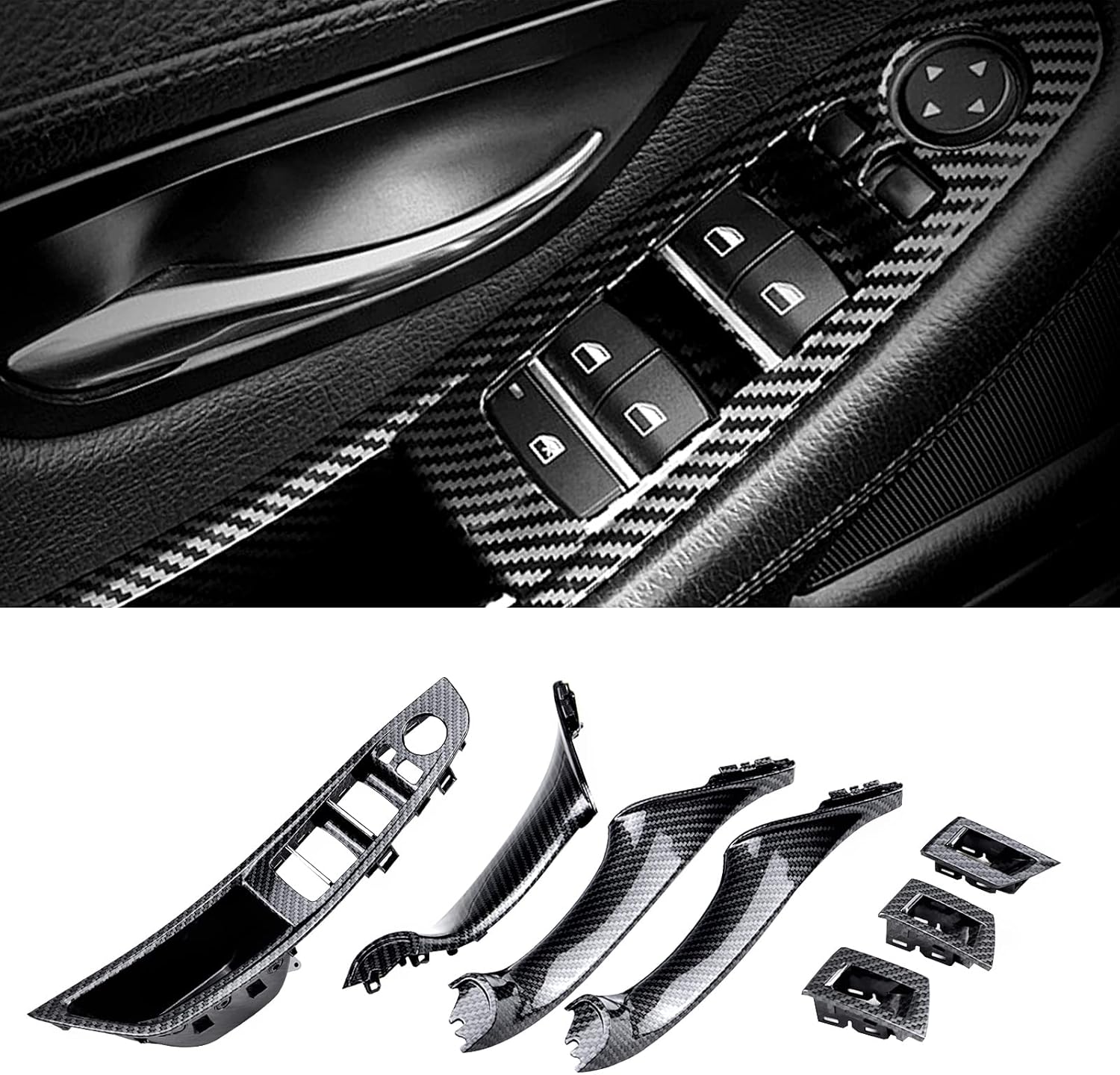 FEXON Carbon Fiber Window Switch Armrest Panel, Inner Door Pull Handle Trim Cover Kits Replacement for 2010-2016 BMW 5 Series 520 523 525 528 530 535 51417225875