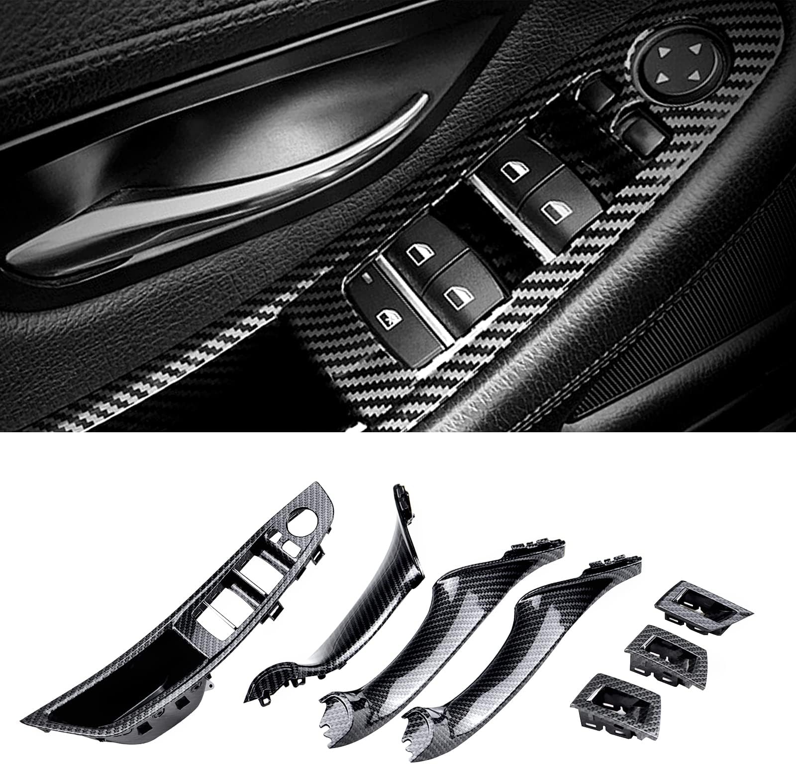 FEXON Carbon Fiber Window Switch Armrest Panel, Inner Door Pull Handle Trim Cover Kits Replacement for 2010-2016 BMW 5 Series 520 523 525 528 530 535 51417225875
