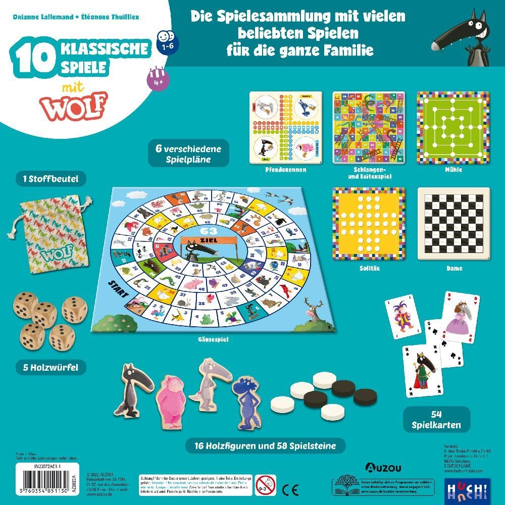 AUZOU, 10 Klassische Spiele mit Wolf, Spielesammlung mit beliebten Spiele Klassiker, Familienfreundliches Spieleset für Spieleabend & Familienspaß, Für 1–4 Spieler ab 4 Jahren