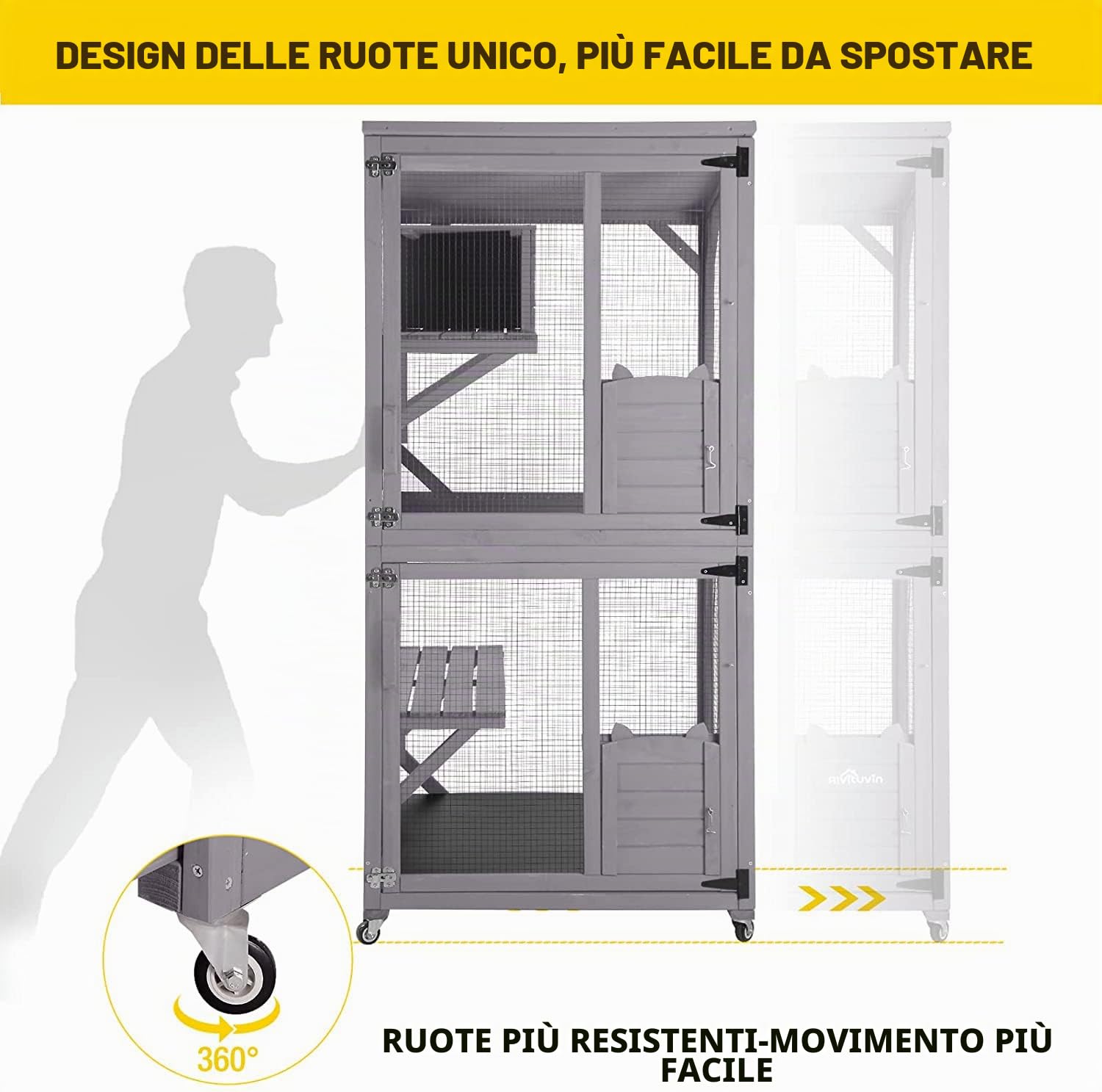 Casetta per gatti in legno per interni ed esterni, grande gabbia per gatti su ruote, gabbia Catio con striscia di legno rinforzata, tetto impermeabile