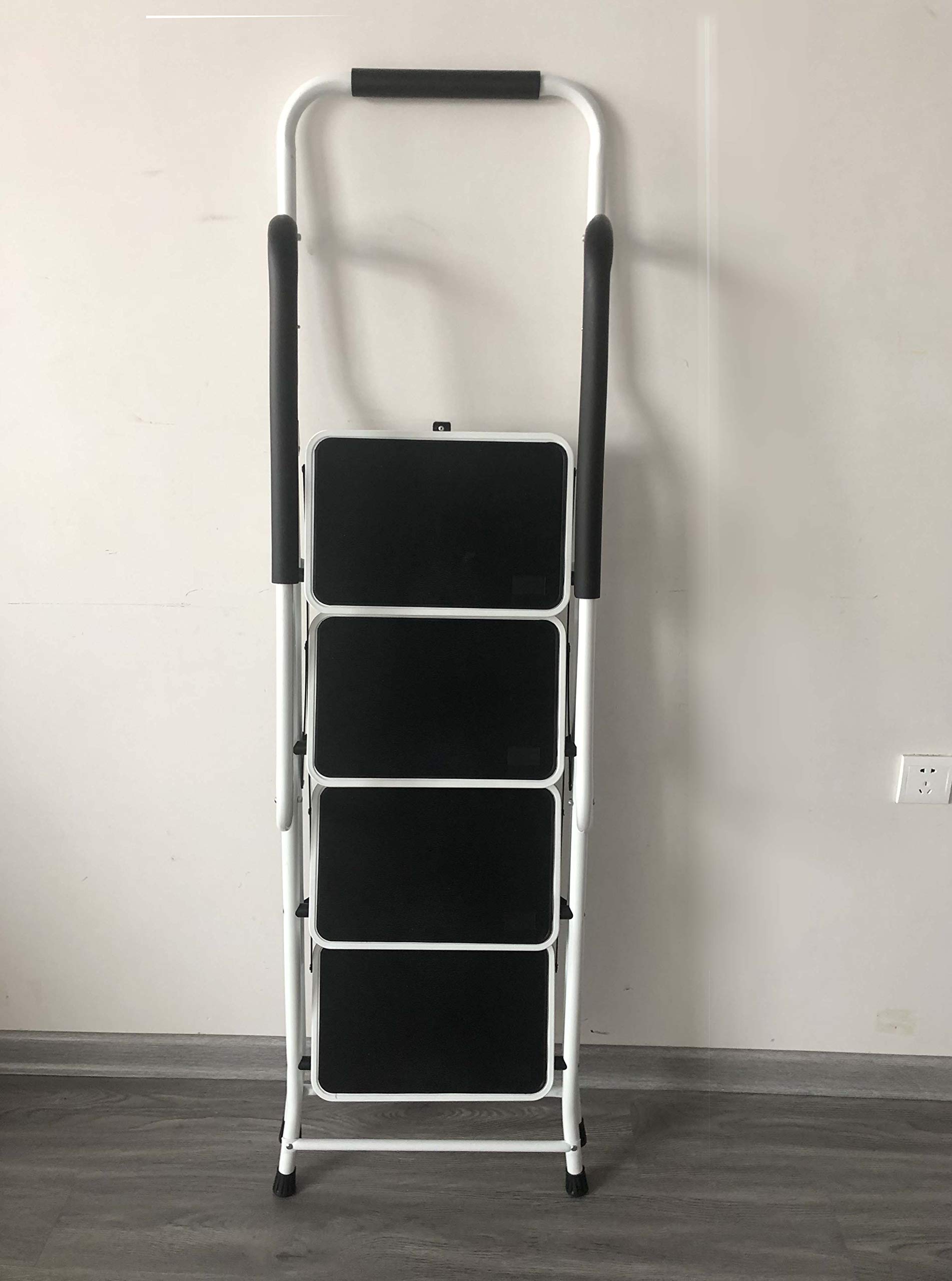 Escabeau 4 Marches Pliant avec Rampe de Sécurité Pliable avec Marche Antidérapante Mate Très Résistante Charge Maximale 150kg