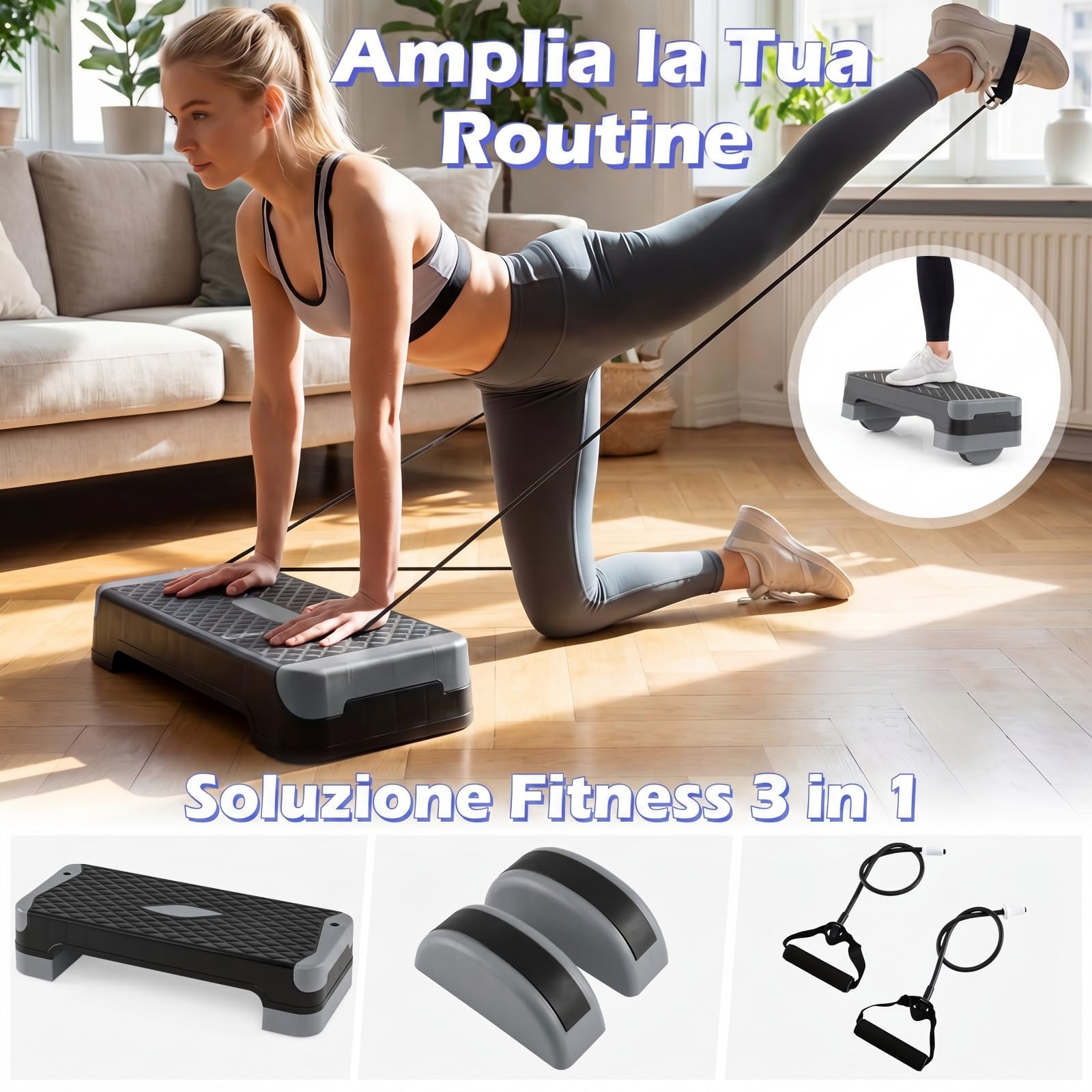 COSTWAY Step Fitness Antiscivolo e Regolabile in 4 Altezze | Stepper Fitness Casa e Palestra con Bande Resistenza, Rialzati e Allenatori Equilibrio, Esercizio Gambe, Glutei e Braccia