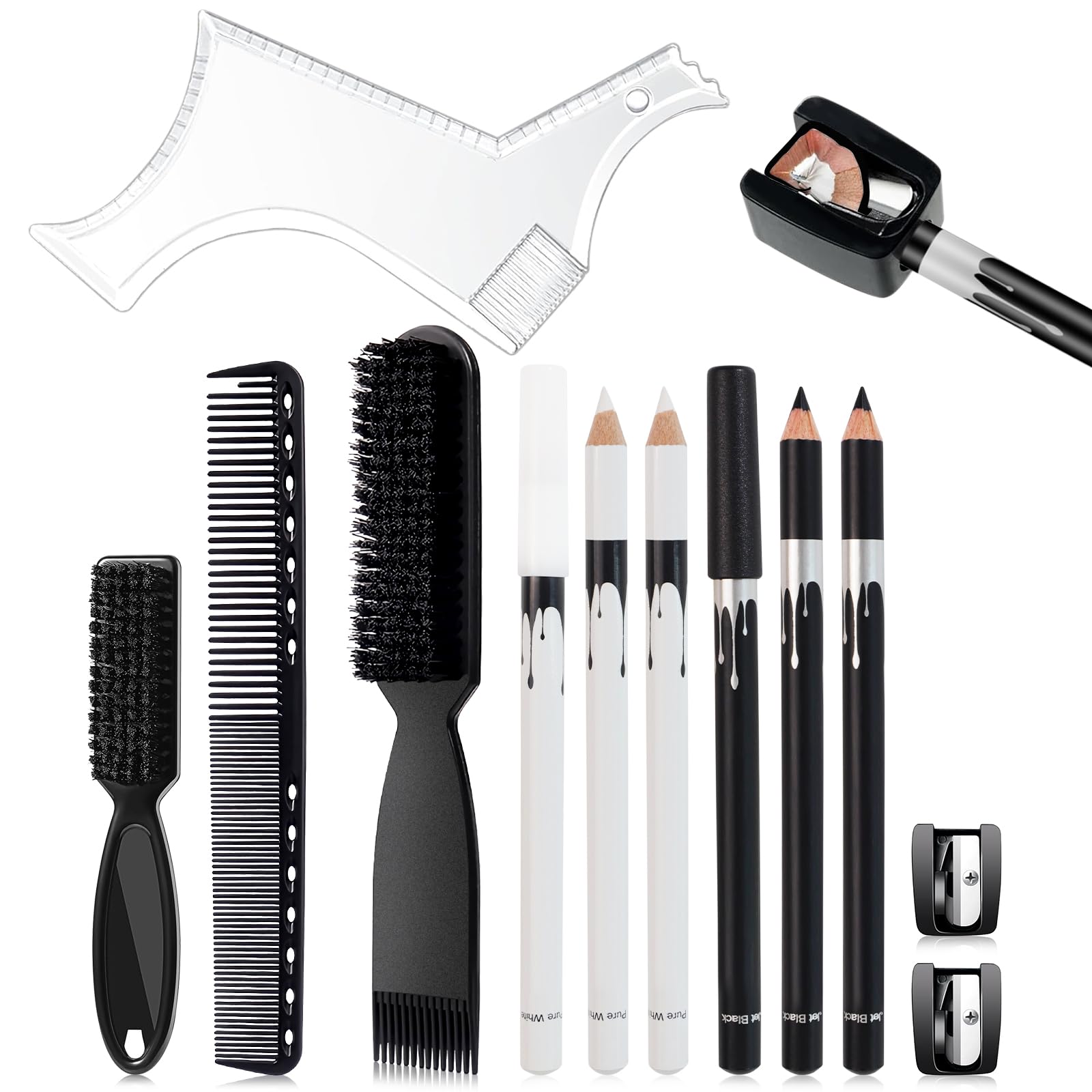 DUAIU 12Pcs Beard Shaper Tool Kit for Men Grooming, White Black Barber Pencil for Lineup Edging with Sharpener, Hairline Beard Guide Shaping Barber Comb Clipper Cleaning Brushes Hair Combs Set