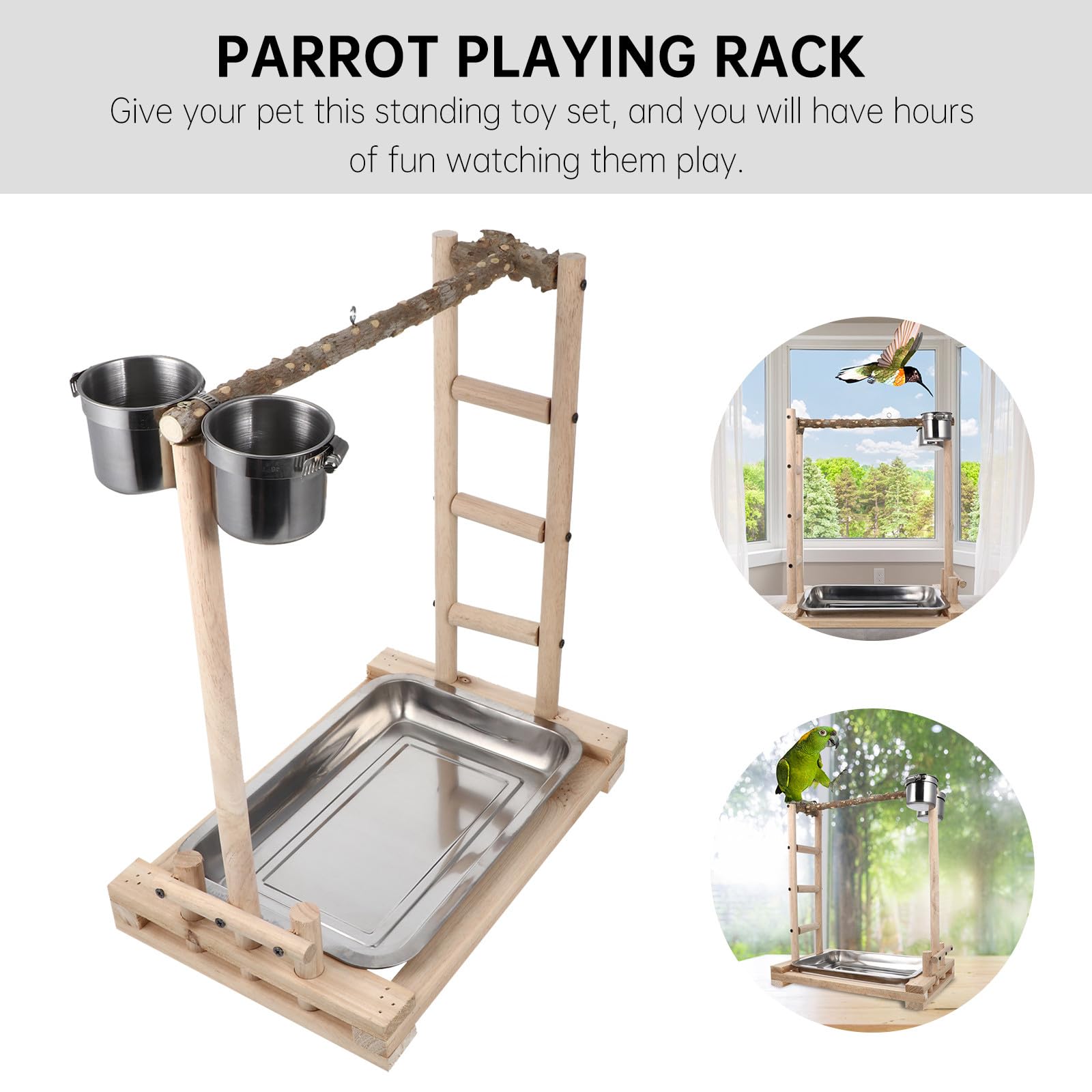 TOYANDONA Soporte para Mediano con Comedero Inoxidable y Escalera de Madera Juguete para Aves Que Ejercicio y Cuidado Dental Accesorio Seguro y Duradero para Jaulas de Pájaros