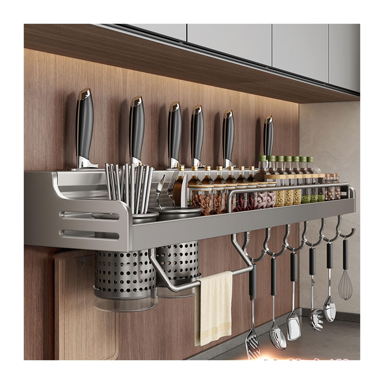 WDSOPK Wall Mounted Utensil Holder with Hooks & Spice Shelf 50cm Kitchen Wall nizer for Spatulas Towels & Cooking Tools – Space Saving Multifunctional Storage Solution