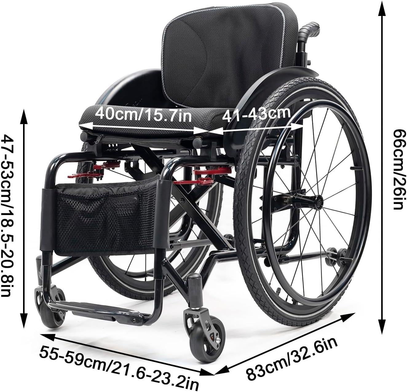 Silla de ruedas deportiva plegable ultraligera, silla de ruedas manual todo terreno con frenos de mano, aleación de aluminio autopropulsada, reposapiés ajustable y altura del asiento