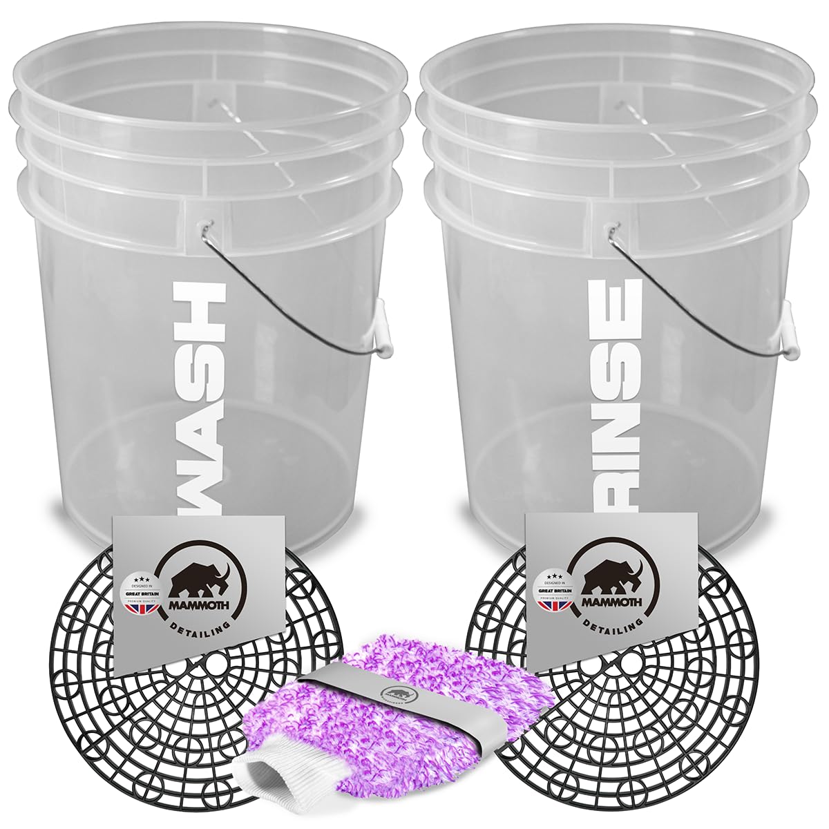 Mammoth Microfibres Clear Detailing Car Wash Bucket Set With Wash Guards For Scratch Free Car Cleaning. Includes Microfibre Washmitt. (Clear)