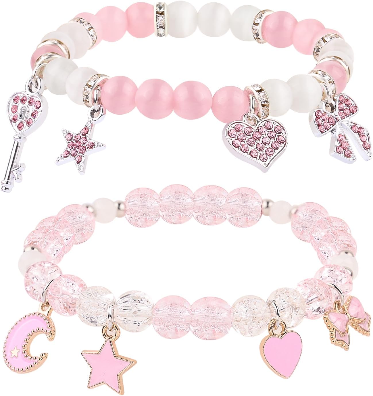 YUZHEJIE Cute Pink Bracelet Stuff Kawaii Set Crystal Bead Elastic Friendship Bracelets Birthday Christmas Jewelry Gifts for Women Girlfriend Best Friend Sister