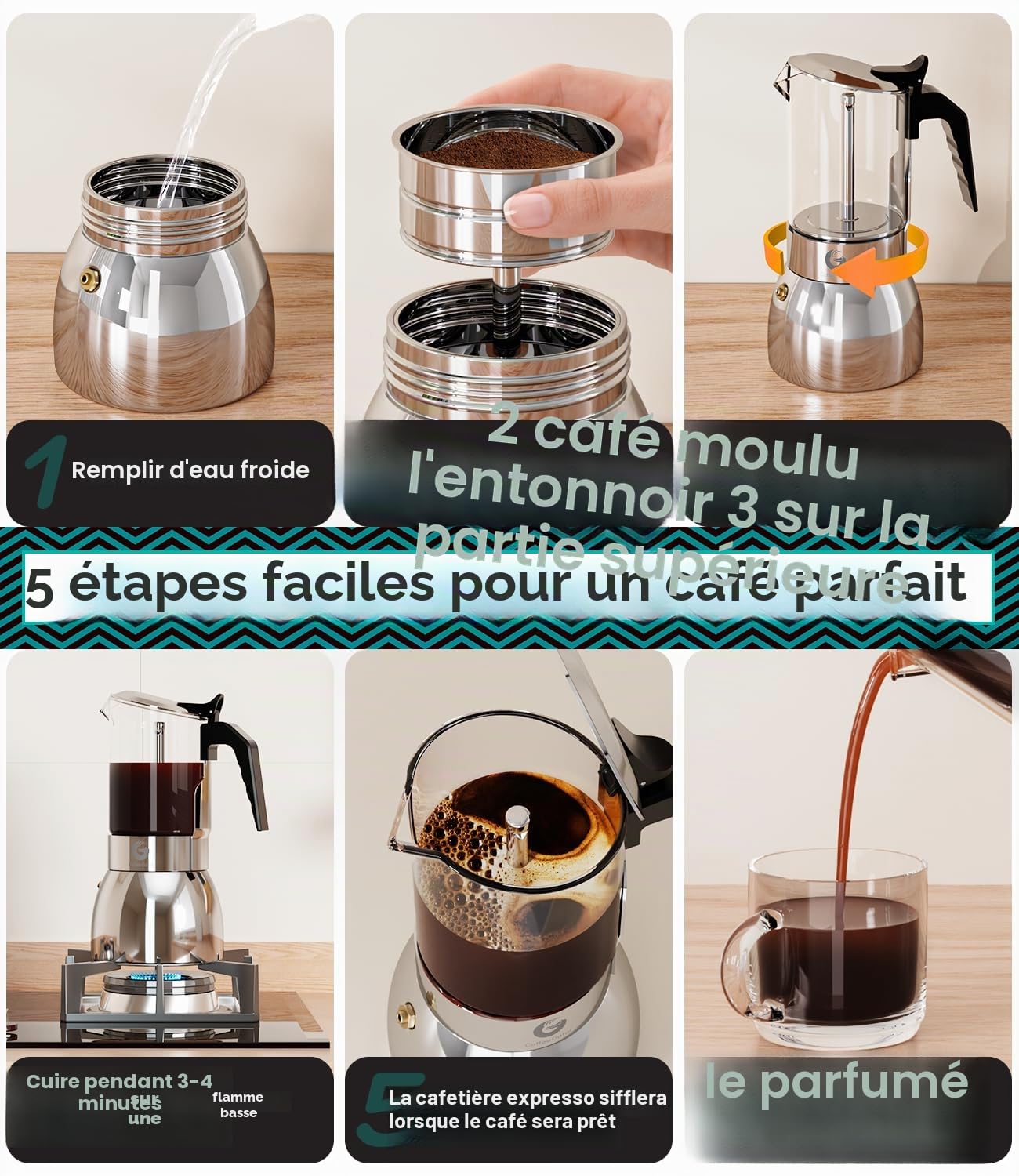 Coffee Gator 9 Tasses Pot à moka 450 ml, Design Transparent en Verre et Acier Inoxydable, Cafetière Moka, Cafetière italienne, Argentée