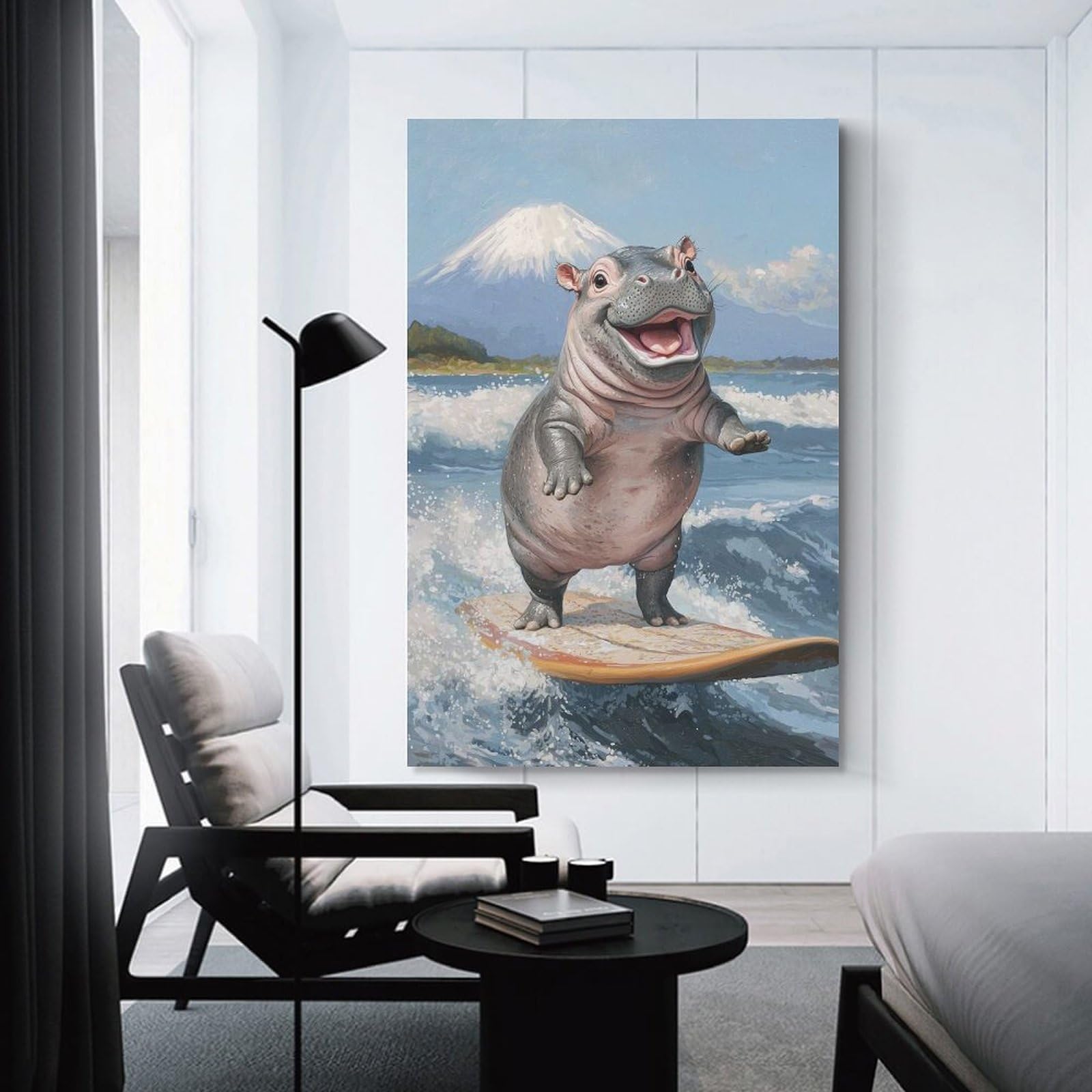 Junmoney Smiling Hippo Surfing Canvas Wall Picture, 20x30inch(50x75cm), for Home, Office, Studio Or Guest Room, A Flexible Wall Accent for Shared Spaces