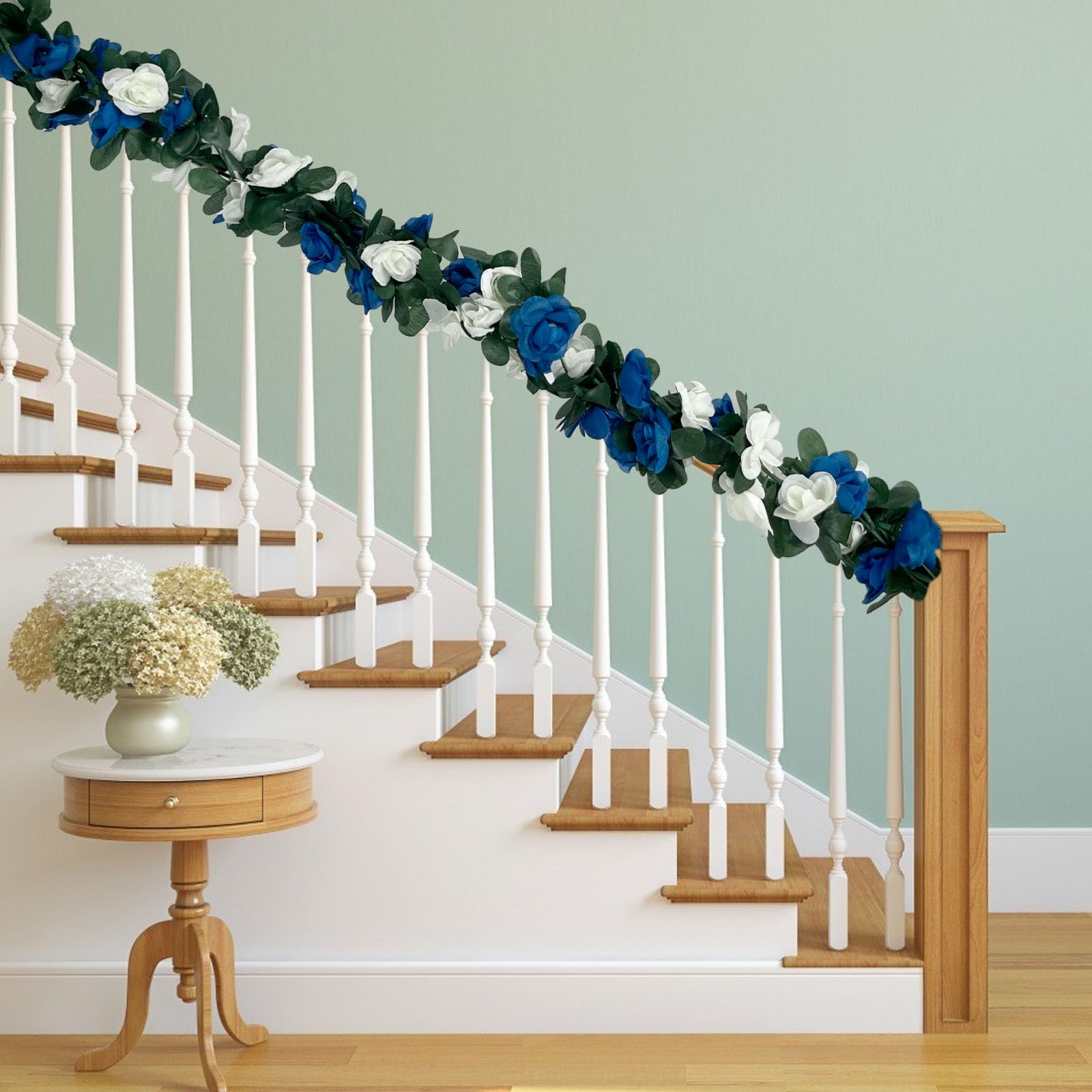 Blau-weiße Rosengirlande, künstliche Ranken, künstliche Ranken, hängende Girlande für Party, Hochzeit, Garten, Zimmertisch, Weihnachten, Hintergrund, Wandbogen, Dekoration, 8 Stück