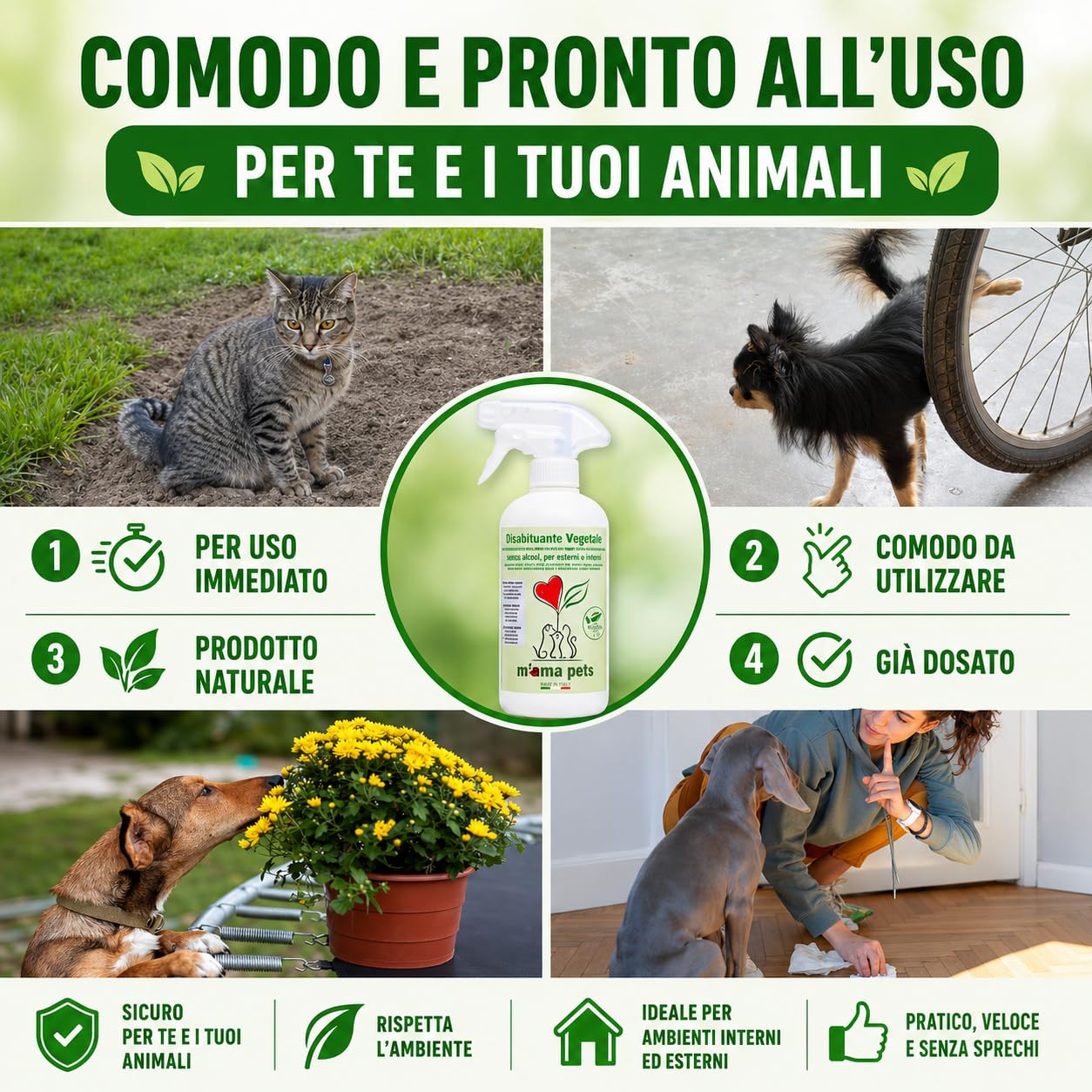 M' MA PETS Repellente Disabituante per Cani e Gatti 100% Naturale, Made in Italy - Spray Anti Urina Uso Interno ed Esterno – Formula Green a Base Vegetale Senza Alcool - 500ml