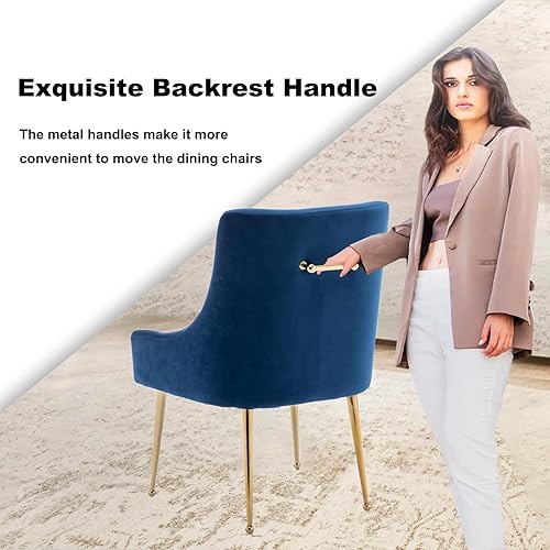 Miniatura 5 de Juego de 2 sillas de comedor, modernas sillas de comedor de terciopelo con patas doradas, sillas decorativas tapizadas para sala de estar, Azul