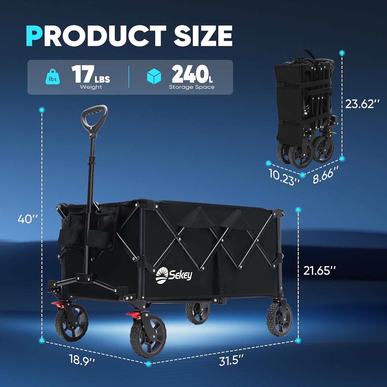 sekey collapsible foldable wagon with 330lbs weight capacity, heavy duty folding wagon cart with big all-terrain wheels & drink holders. black black 330lbs