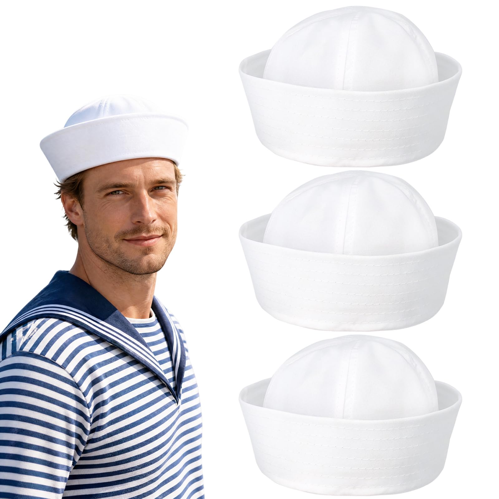 Thhiit 3 Pcs White Sailor Hat, 56cm Head Circumference Classic Sailor Hats for Theme Parties, Cosplay