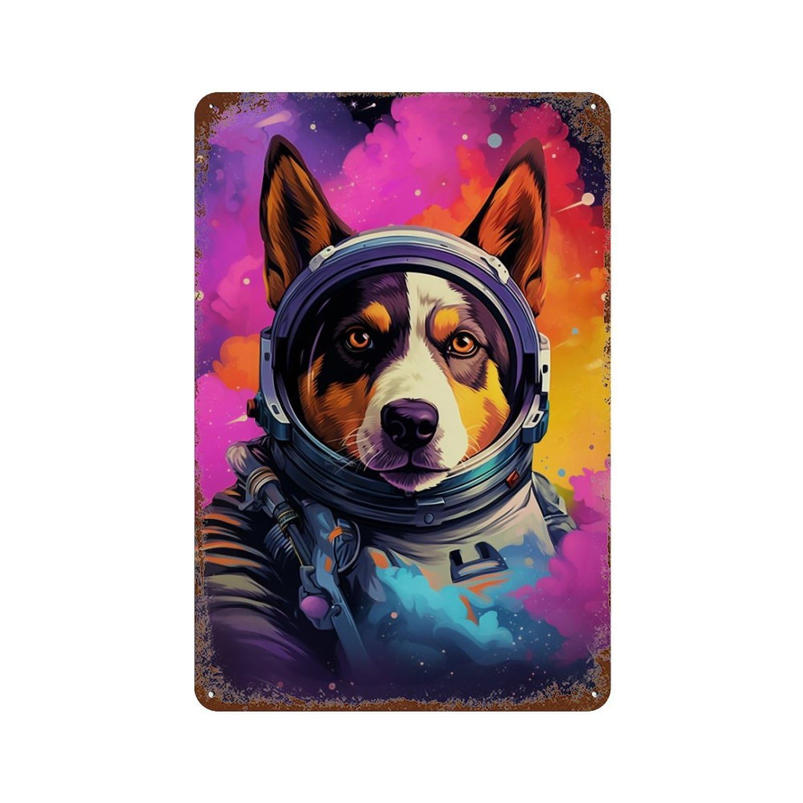 Aged Metal Wall Plaque with Space Dog Explorer-9 Design 11.8"x7.9", for Farmhouse, Kitchen And Entryway Decor, Old School Wall Decor