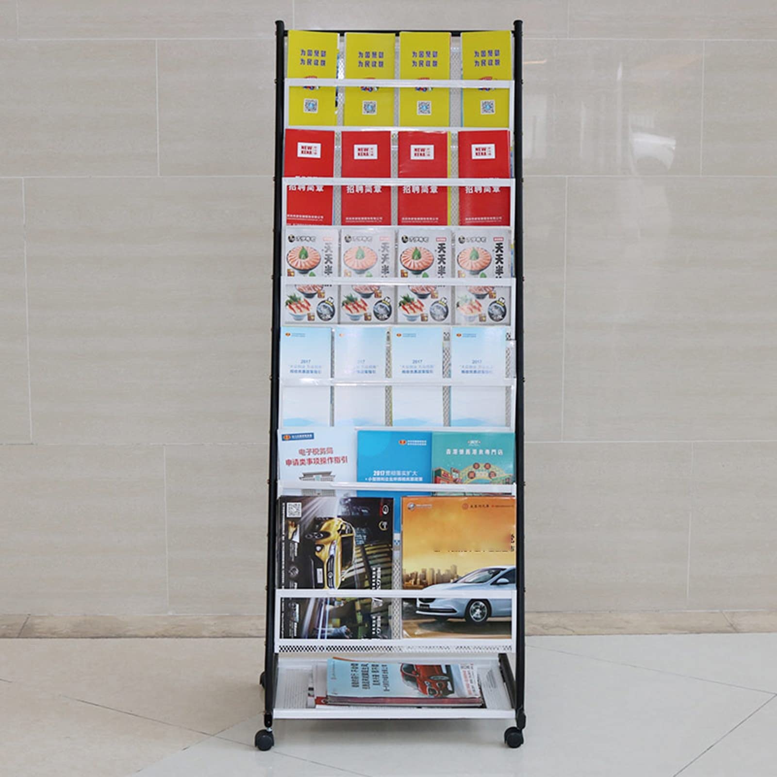 CGCSYZ Black Newspaper Magazine Racks with Wheels, Office Hotel Lobby Brochure Display Stands with 6 Shelves, for Literature Music Albums Books