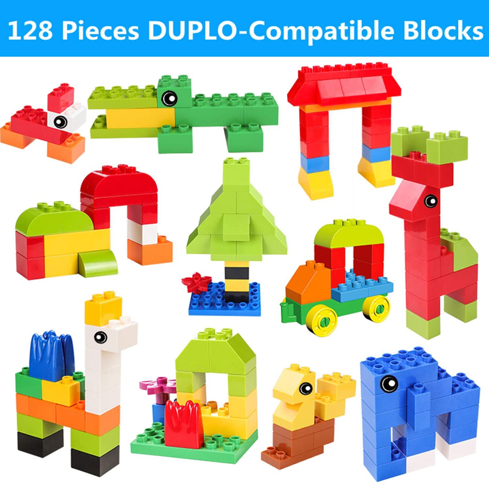Burgkidz Ensemble de Table 5-en-1 128 Pièces Blocs de Construction Compatibles avec Chaise et Table Rangement Bleu