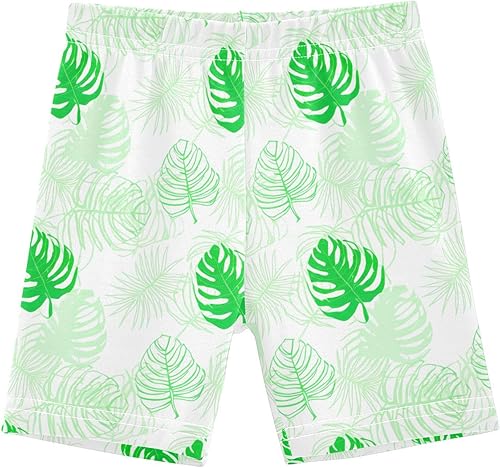 Palm Leaves White Girls Bike Shorts Toddler Soft Cotton Cartwheel Under Dress Dance Shorts(Multi-palm Leaves White,10 Years)
