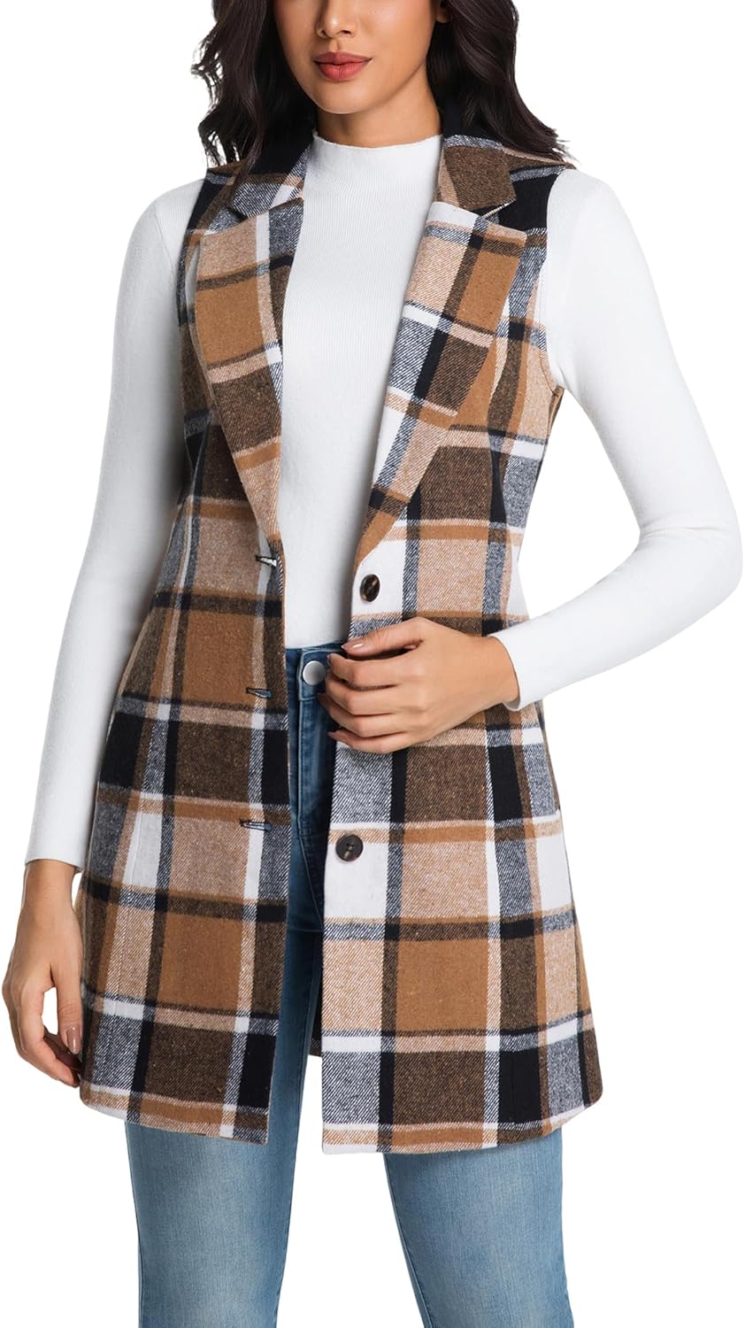 IDEALSANXUN Womens Long Wool Plaid Vest Fall Winter Sleeveless Blazer Jackets Trench Coat