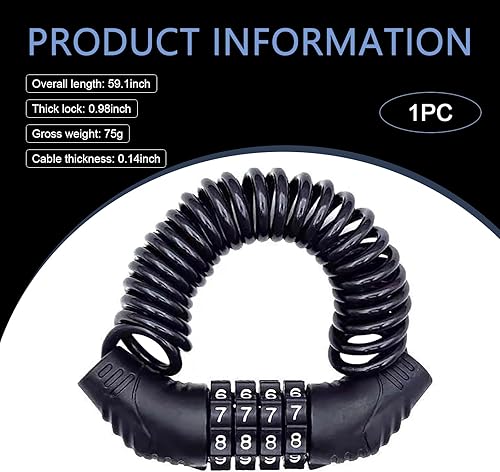 Miniatura 2 de 1 cerradura para casco de motocicleta y bicicleta, bloqueo de cable antirrobo con contraseña de dígito, accesorios de seguridad retráctiles para