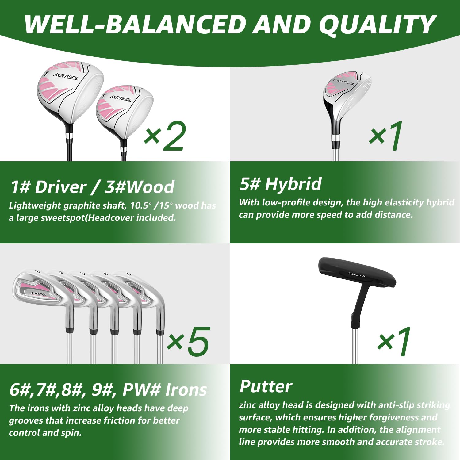 XDriveMax Lot de 10 Clubs de Golf complets pour Femme droitier avec Housse de Pluie, 1#Driver 3#Wood #5 Hybride, avec 3 Couvre-tête, 6# 7# 8# 9# PW# Fers et Putter