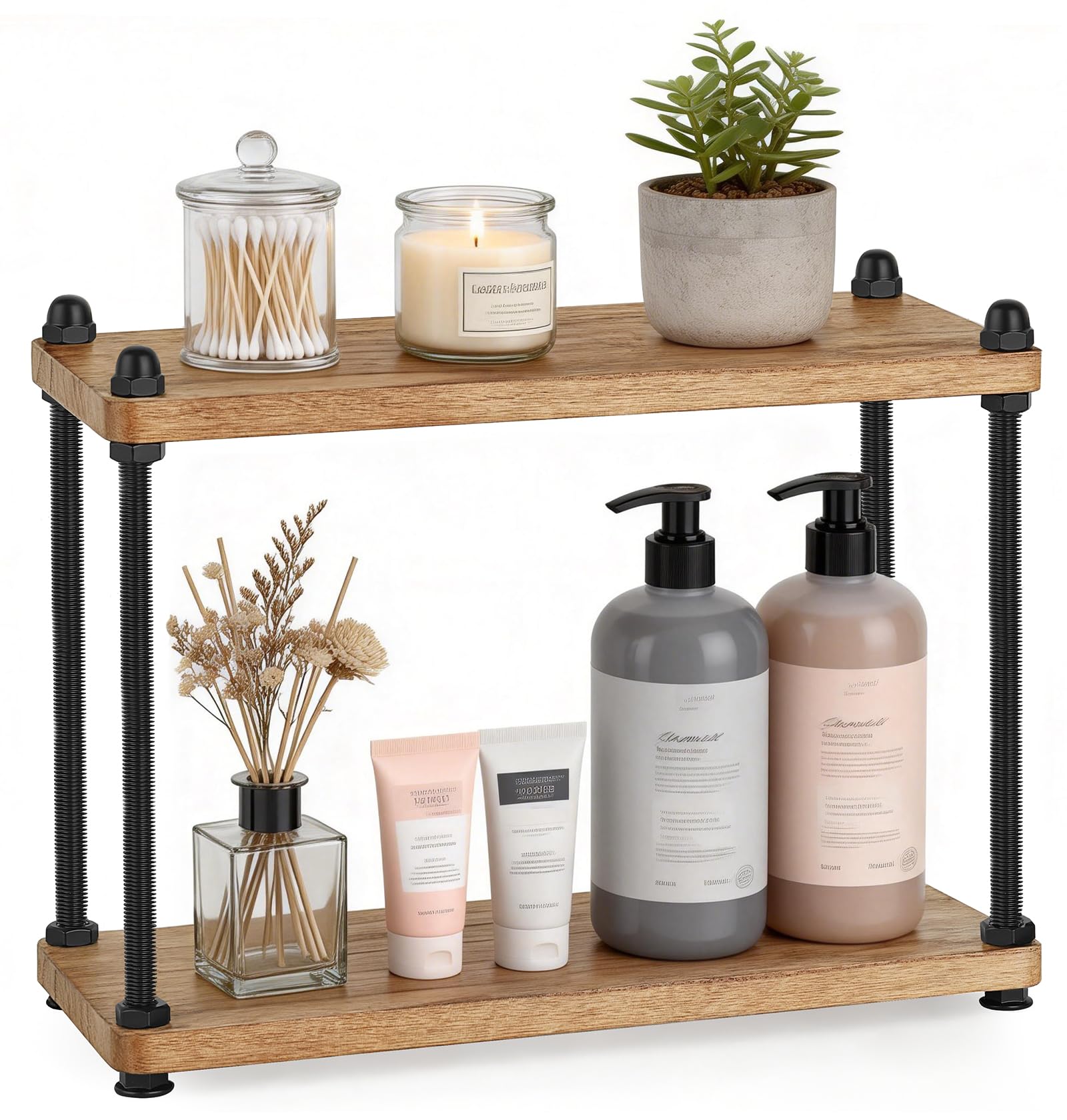Mkono Bathroom Counter Organizer, 2 Tier Wooden Shelf for Vanity Countertop Skincare Makeup, Rustic Bathroom Decor Storage and Organization for Kitchen, Coffee Bar, Office, Light Brown