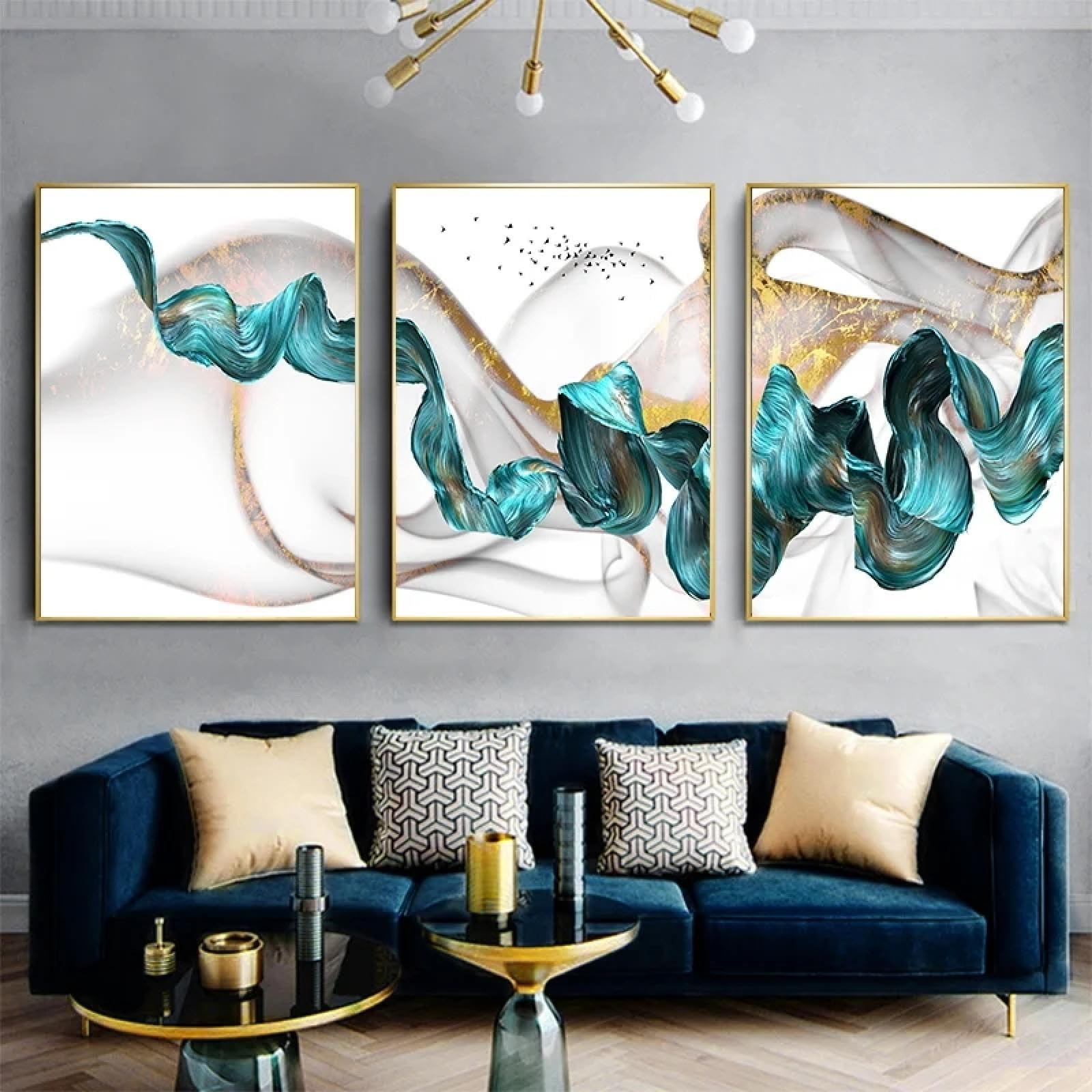 LSYALUCK Leinwandgemälde, abstrakt, blau, grün, Band, Poster, Druck, modisch, luxuriös, Wandkunst, Bild, nordisches Zuhause, Wohnzimmer, Dekoration, 40 x 50 cm (16 x 20 Zoll) x 3 Innenrahmen