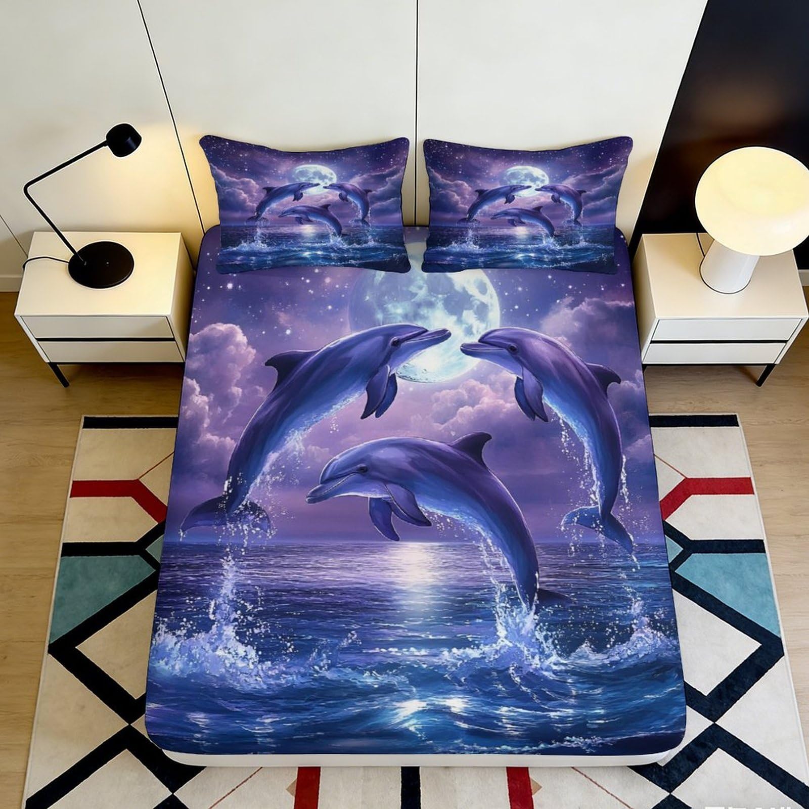 3D Printed Dolphin Ocean Fitted Sheet Microfiber Soft Blue Moonlight Bed Cover Bedroom Dorm Mattress Decor 90x200x25cm