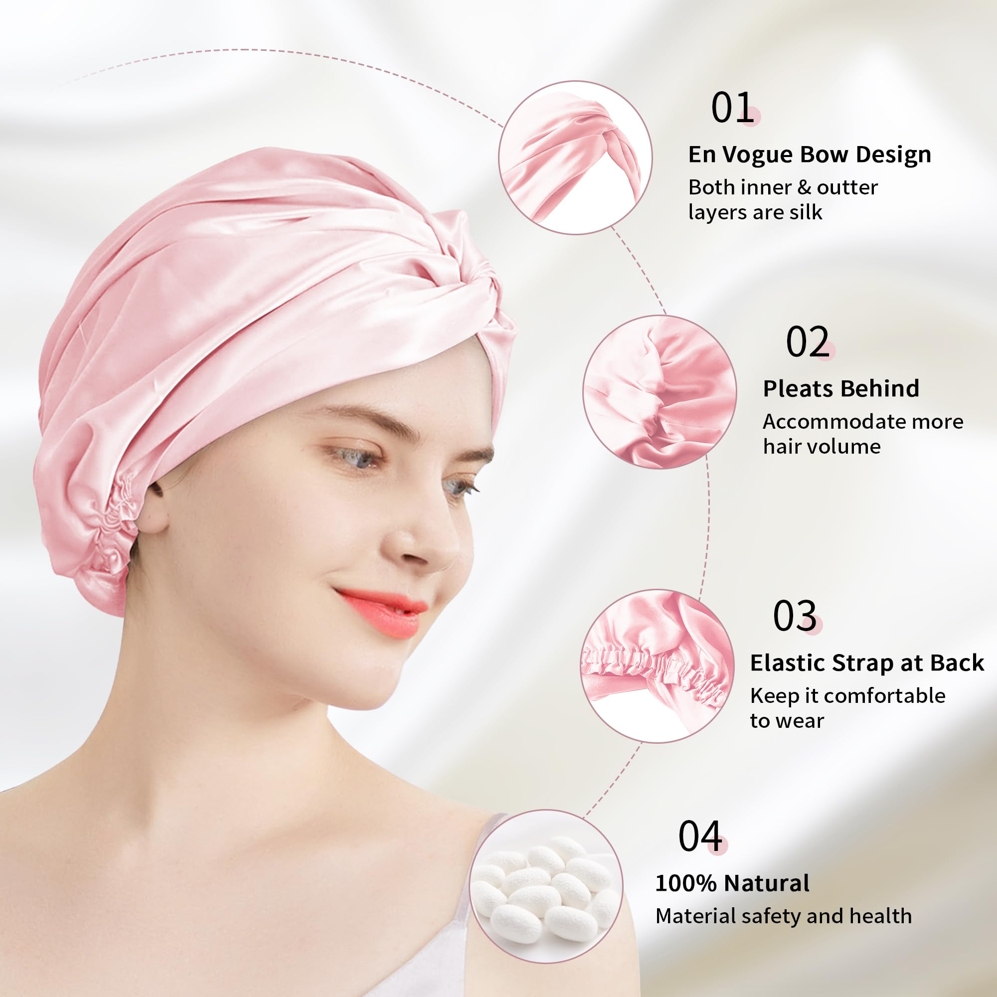 Townssilk Gorro de Noche para Mujer, 100% Seda de Morera, 16 Mommes, Bueno para el Cabello, Protector, Doble Capa, Rosa — view 3