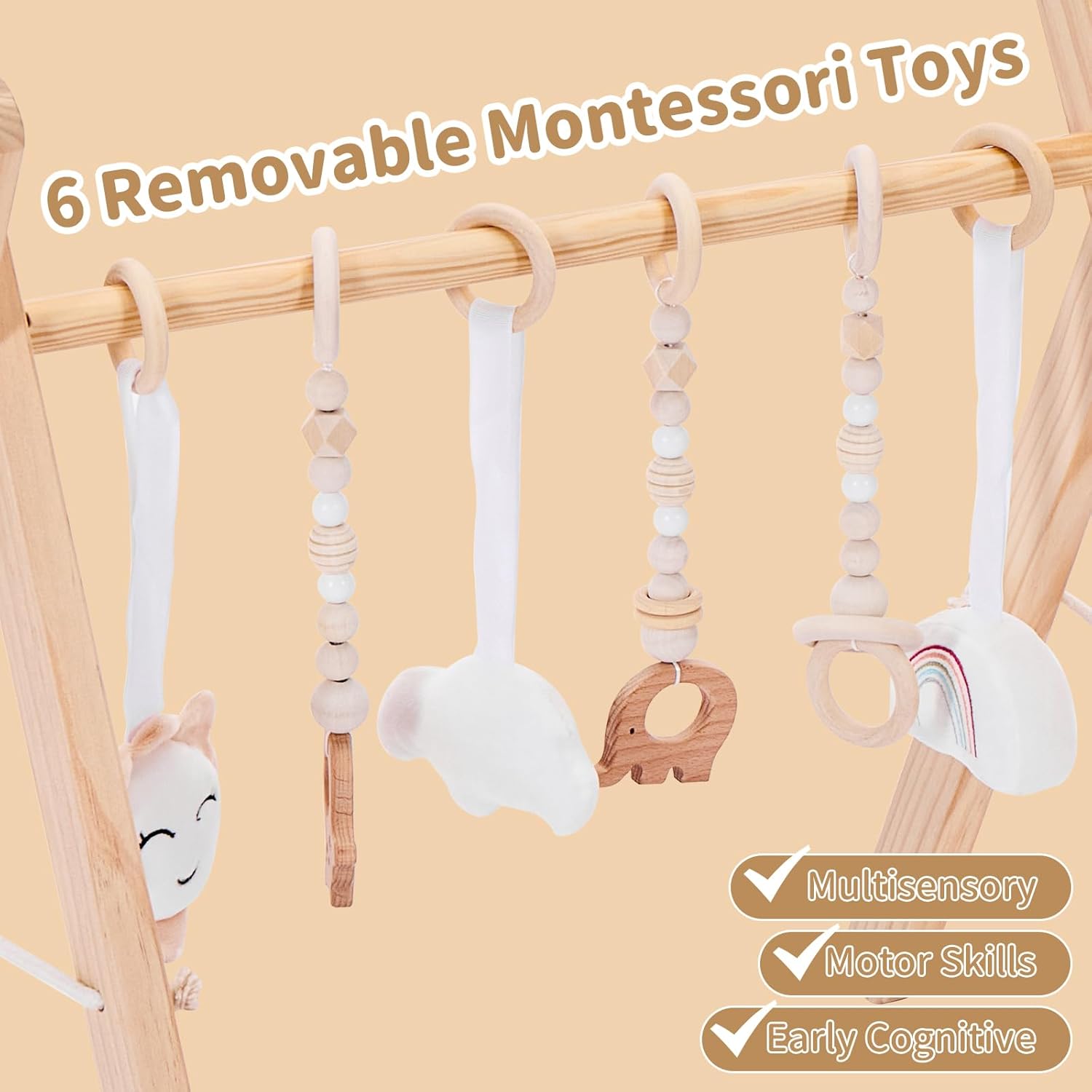 Foldable Wooden Baby Play Gym, Activity Center with 6 Sensory Hanging Toys Natural Wood Montessori Toys for Babies Indoor Gym, No-Tool Assembly Newborn for Infant Motor Development