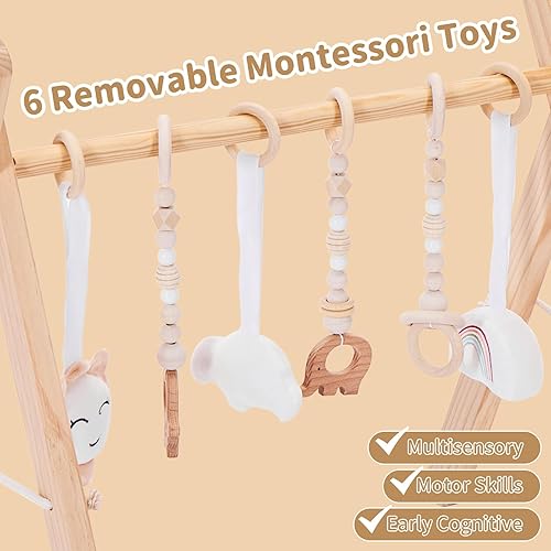 Miniatura 2 de Gimnasio plegable de madera para bebés, centro de actividades con 6 juguetes sensoriales colgantes, juguetes Montessori de madera natural para