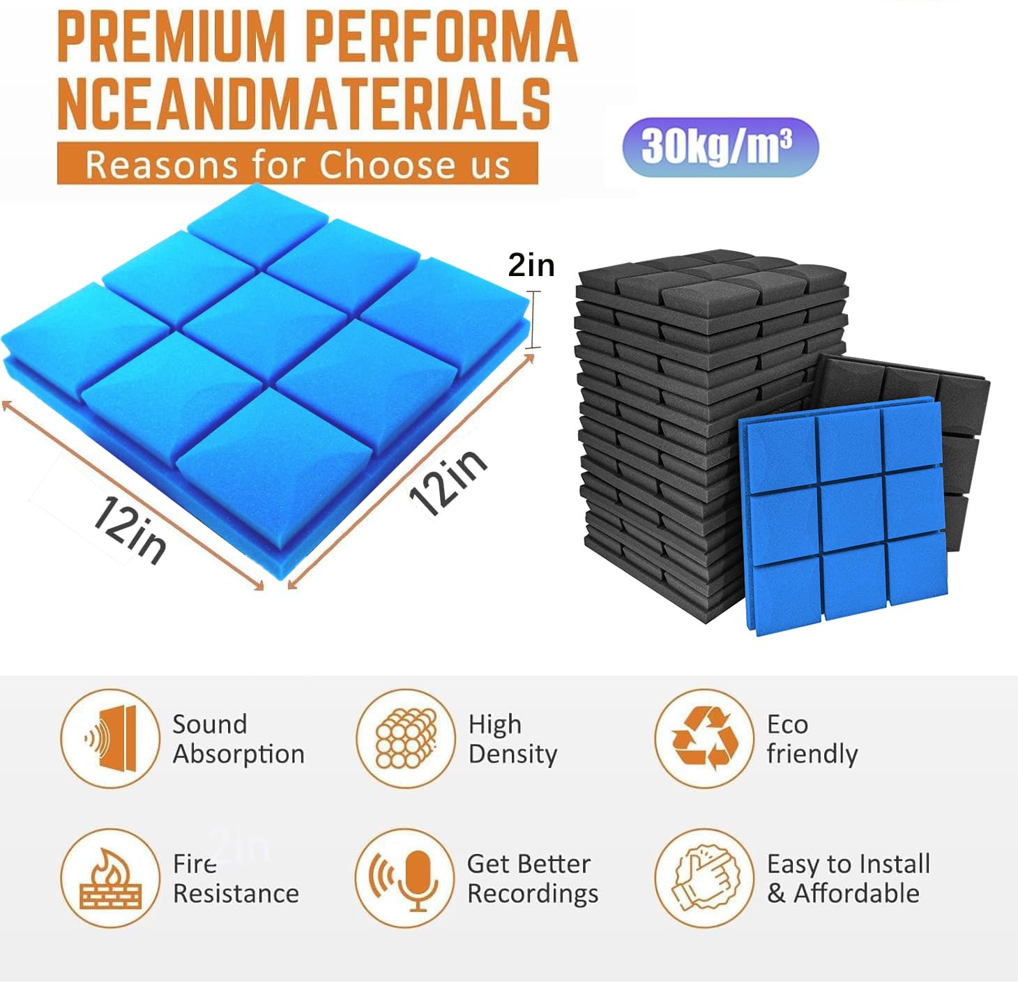 Snapklik.com : Acoustic Foam Panels 12 Pack 2" X 12"x 12" High Density ...