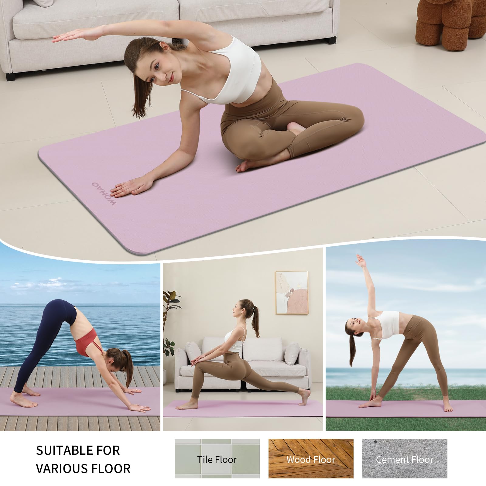 WOHAO Extra Thick 8mm Yoga Mat, 72"x28" Non Slip Exercise Mat, Reversible 2-Sided Dual Color Premium POE Material, With Carrying Strap For Yoga - View #4